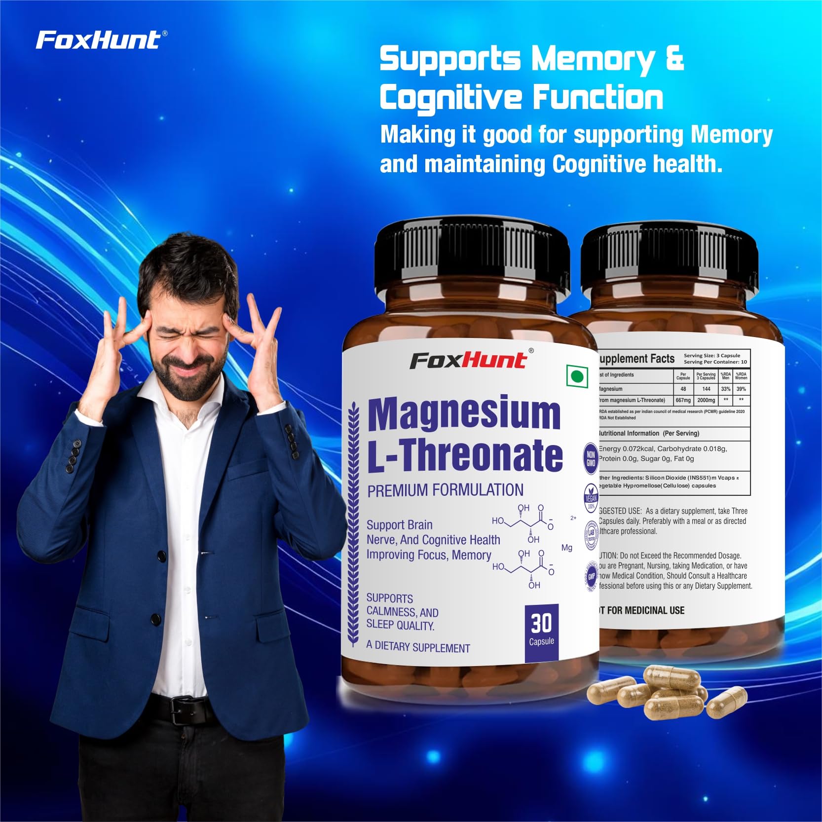 FoxHunt Magnesium L-Threonate Premium Formulation for Brain, Nerve, and Cognitive Health Support, Improves Focus, Memory, Calmness and Sleep Quality, 30 Capsules (Pack of 1) — Amazon image 5