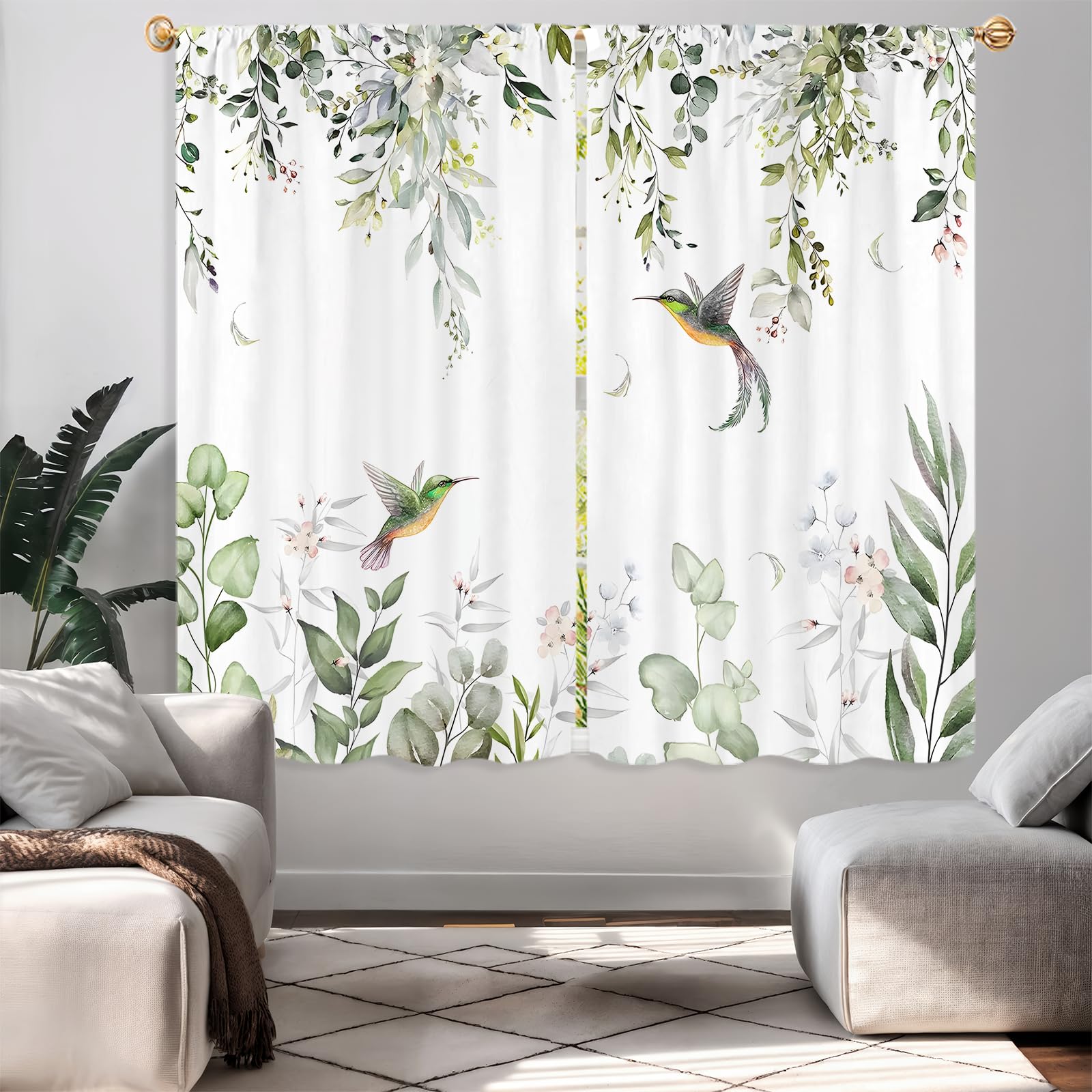 Famiffty Green Leaves Hummingbird Window Curtains 42W X 63L Inch 2 Panels Rod Pocket Eucalyptus Bird Cortinas para Cocina Bedroom Curtains Floral Over
