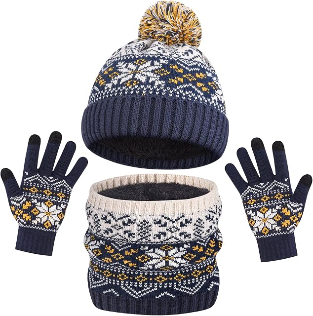 Boys Hat Scarf and Gloves Set - Girls Kids Hat and Gloves Set 3pcs Winter Thermal Knitted Beanie Cap & Circle Scarf & Magic Gloves with Fleece Lining Snow Pattern for Children Warm 5-10 Years Old