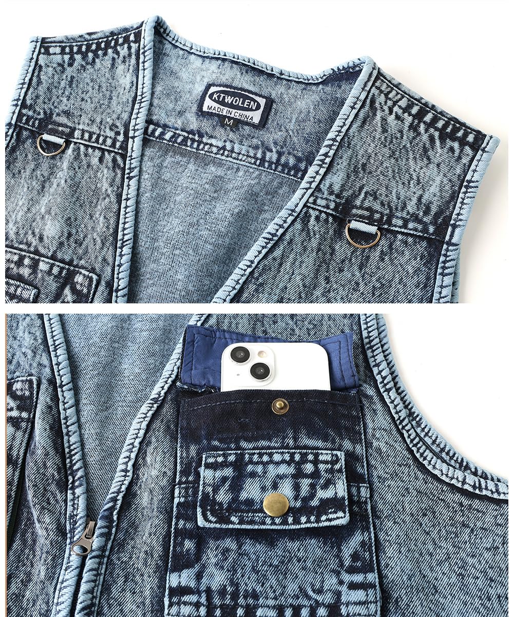 Gilet en Jeans pour Homme Vintage Multi-poches Gilet de Motard Veste en Jean Sans Manches Rétro Veste Denim Gilet de Pêche Travail Chasse