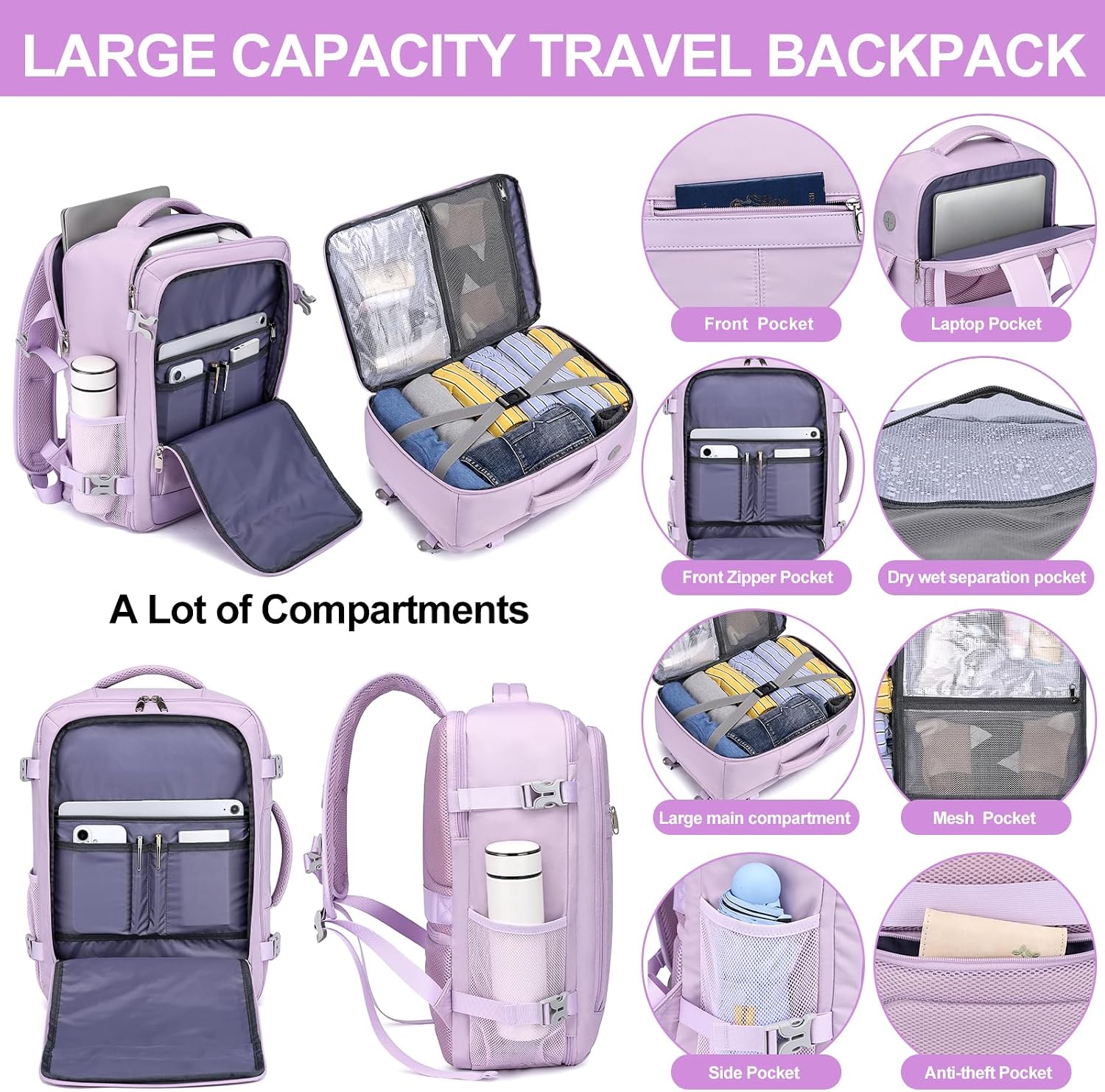 EZUOLA Travel Backpack for Women, 25L Carry On Backpack Airline Approved,Personal Item Travel Bag,Bookbag for College Essentials,Lightweight Work Back pack for Weekend Business,Gifts Purple