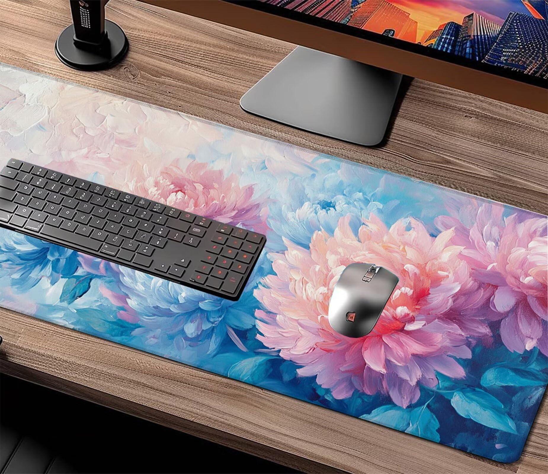 Grand Tapis de Souris Gamer 1600x800mm,Tapis de Souris Chrysanthème Tapis de Souris Gaming,Tapis Souris Rose Tapis Bureau Antidérapant Imperméable,Mouse Pad Bords Cousus,Accessoire Gaming X1-296