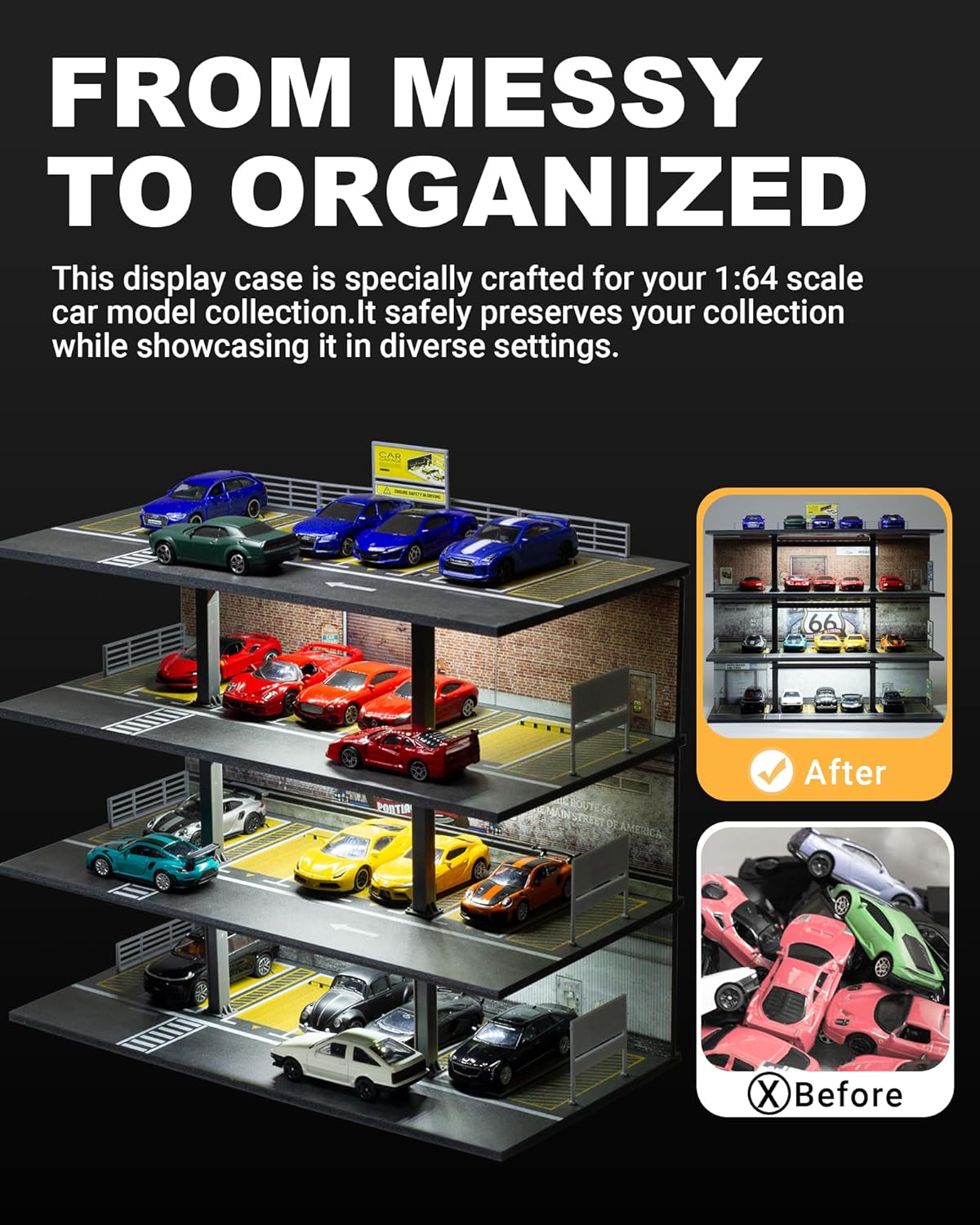 1/64 Display Case 4 Layers with 20 Parking Garage for Toy Cars lot Mold, Scale Diecast Display Case with Led Lights Collection Gifts