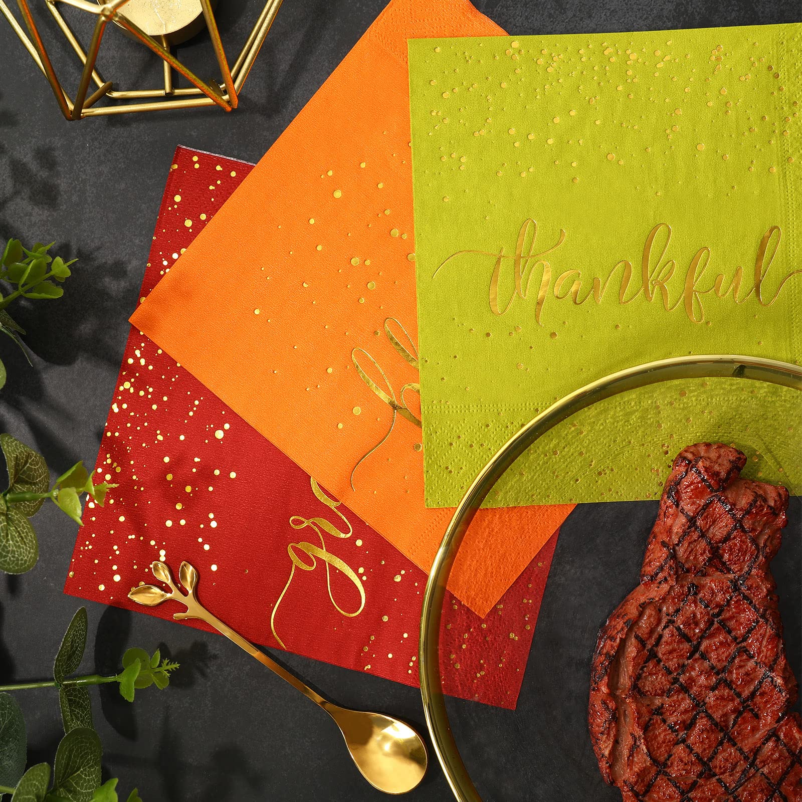 Whaline Thanksgiving Servietten, 75 Stück – 12,7x12,7 Cm, Goldfolie, Herbstmotive