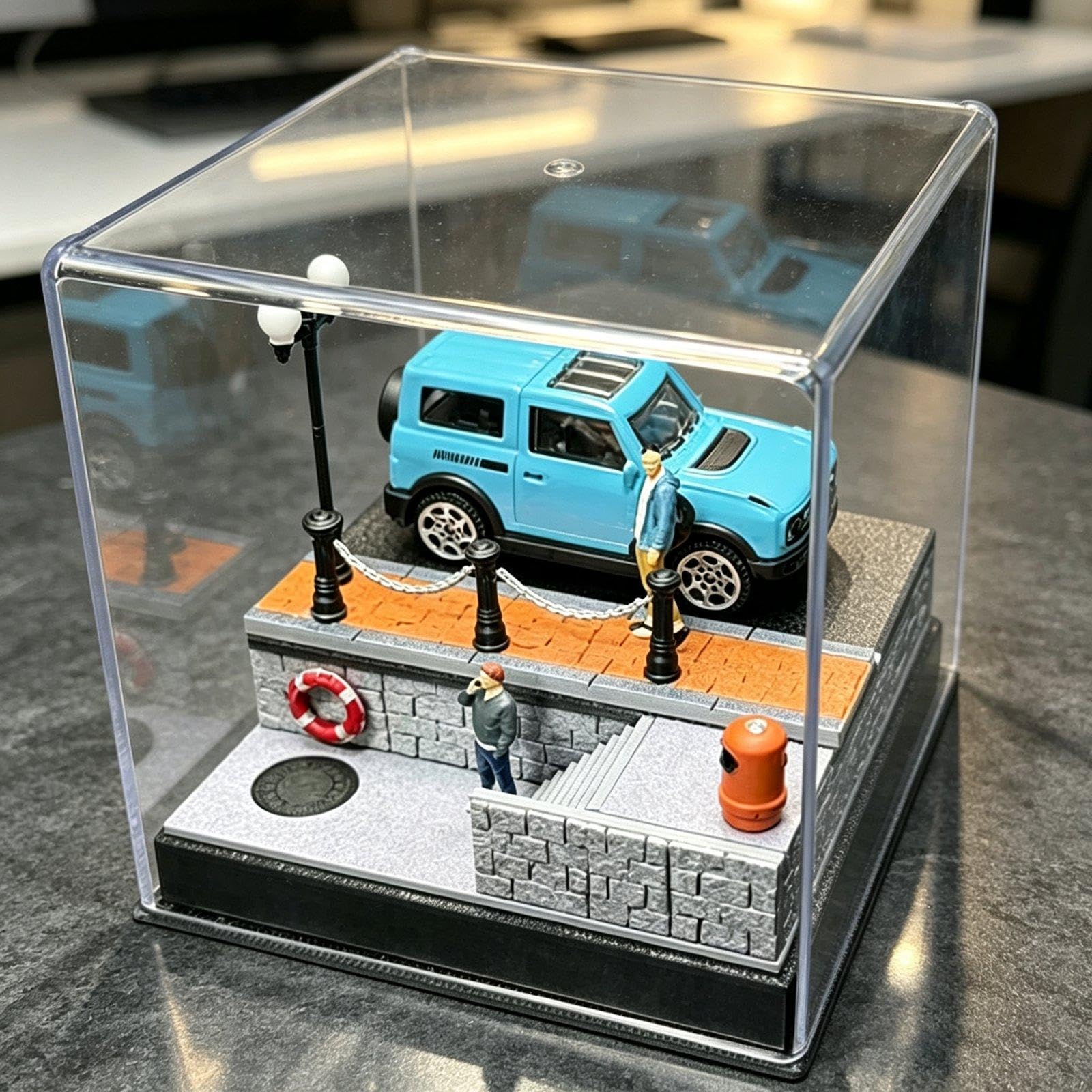 Caja de Exhibición para Modelo de Coche en Miniatura con Detallado Escenario de Aparcamiento Y Figura Humana de Resina con Cubierta Acrílica