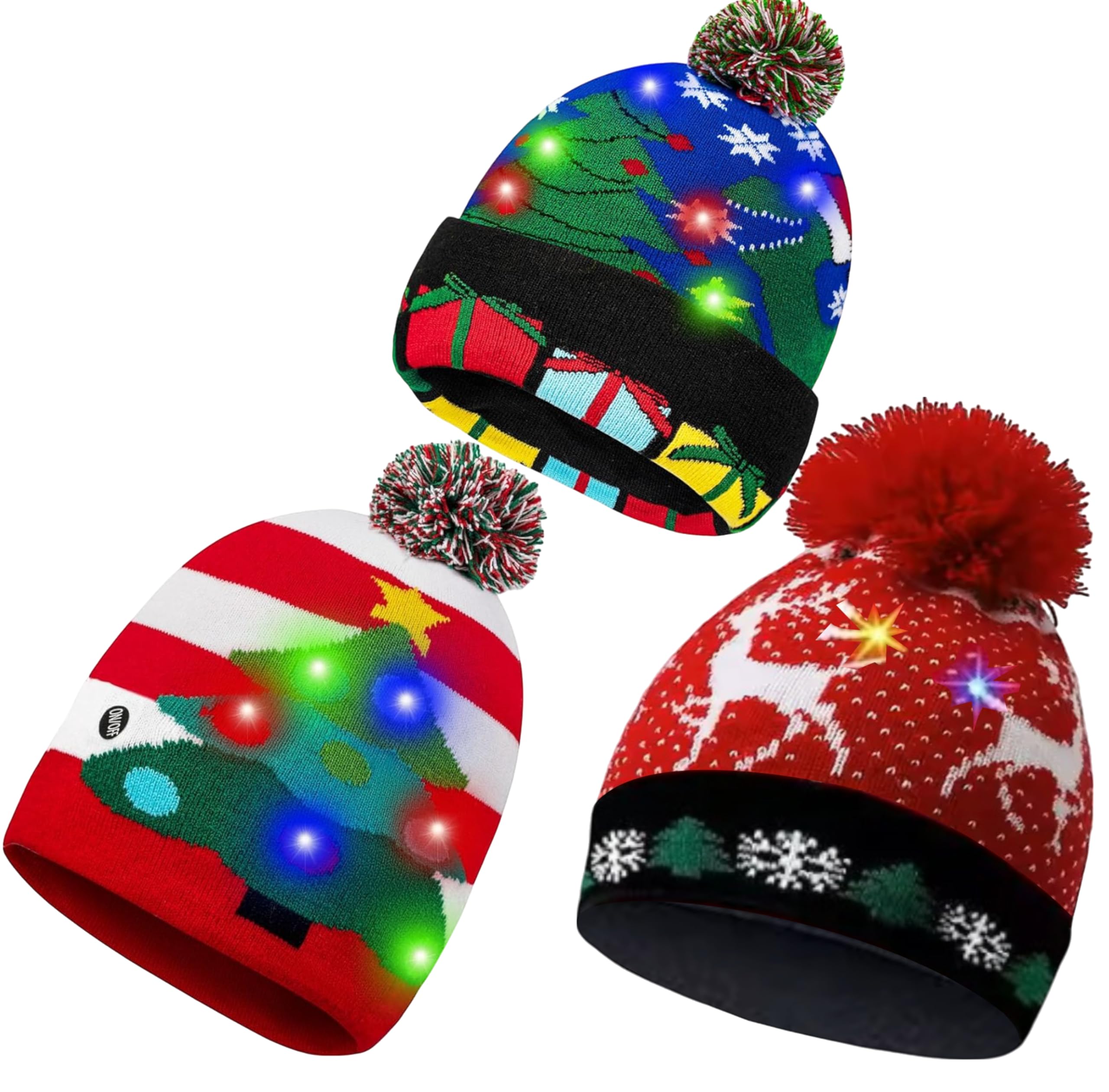3 Pack Christmas Beanie Hat with Lights Cozy LED Christmas Bobble Kids & Adults Hat Stylish Elf Hats, Baby Xmas Hat Winter Holiday Parties (Christmas Tree Red + Christmas Tree BLue + Flying Elk) โ image 1