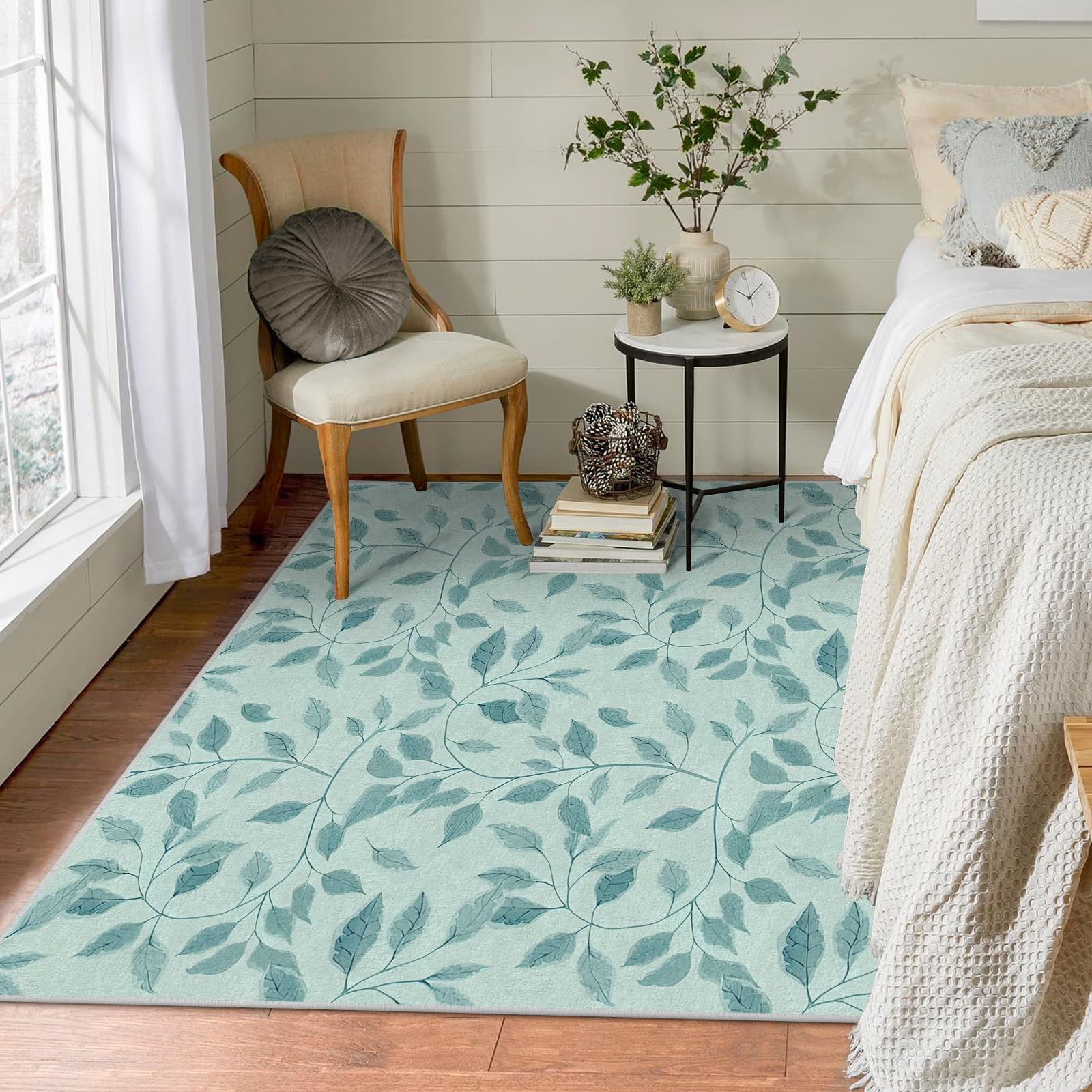 Großer waschbarer Kurzflor-Teppich 200x300 - Blätter Blau Teppiche - Abstrakt Dünn Saugfähig Vielseitig Carpet für Wohnzimmer Schlafzimmer Oder Als Bettvorlege A&171