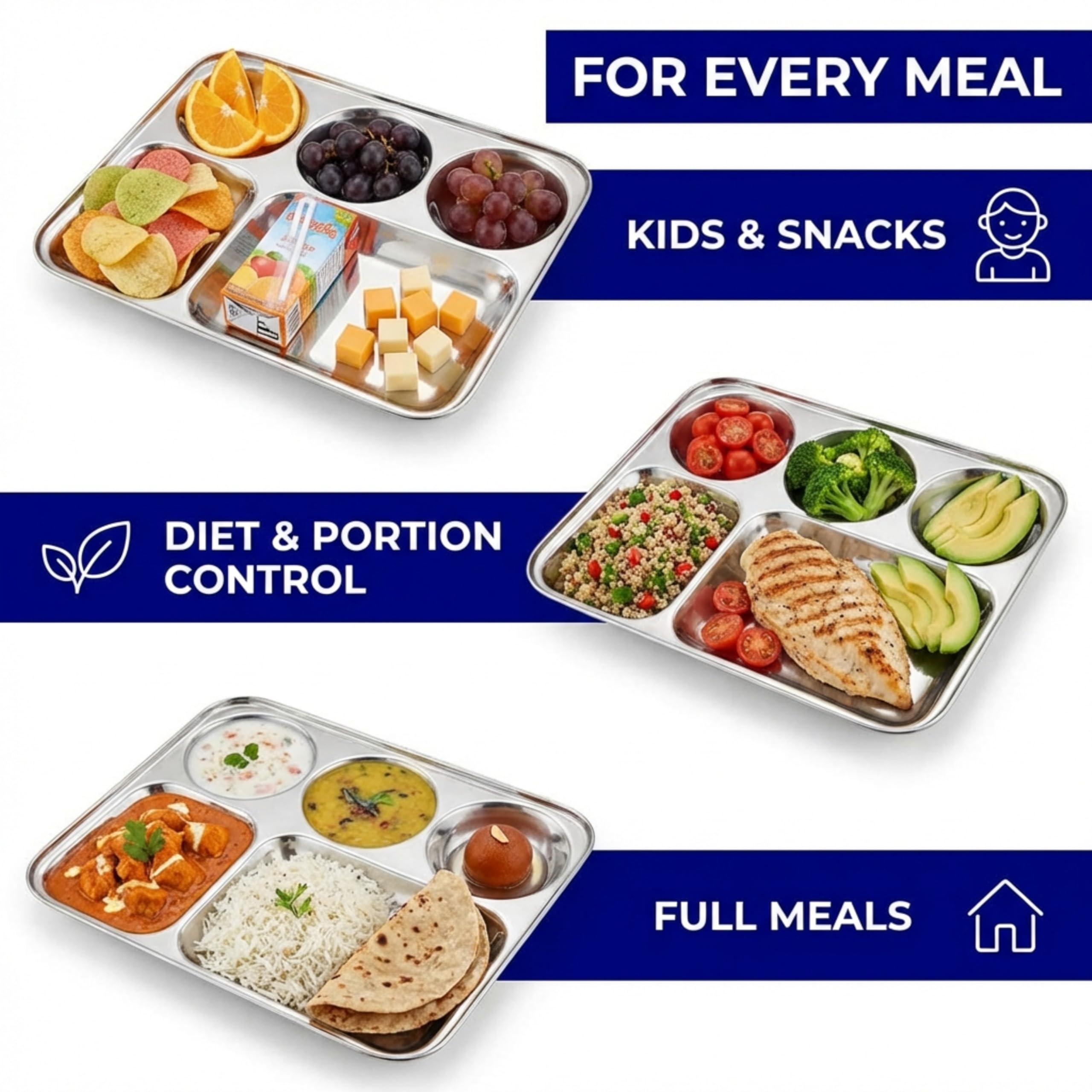 Sharda Metals Stainless Steel Rectangular Compartment Thali Plates | 5 in 1 Divided Partition Bhojan Mess Tray | Durable Lunch and Dinner Serving Plates for Indian Kitchen | 13 x 10 Inches - Set of 6 3