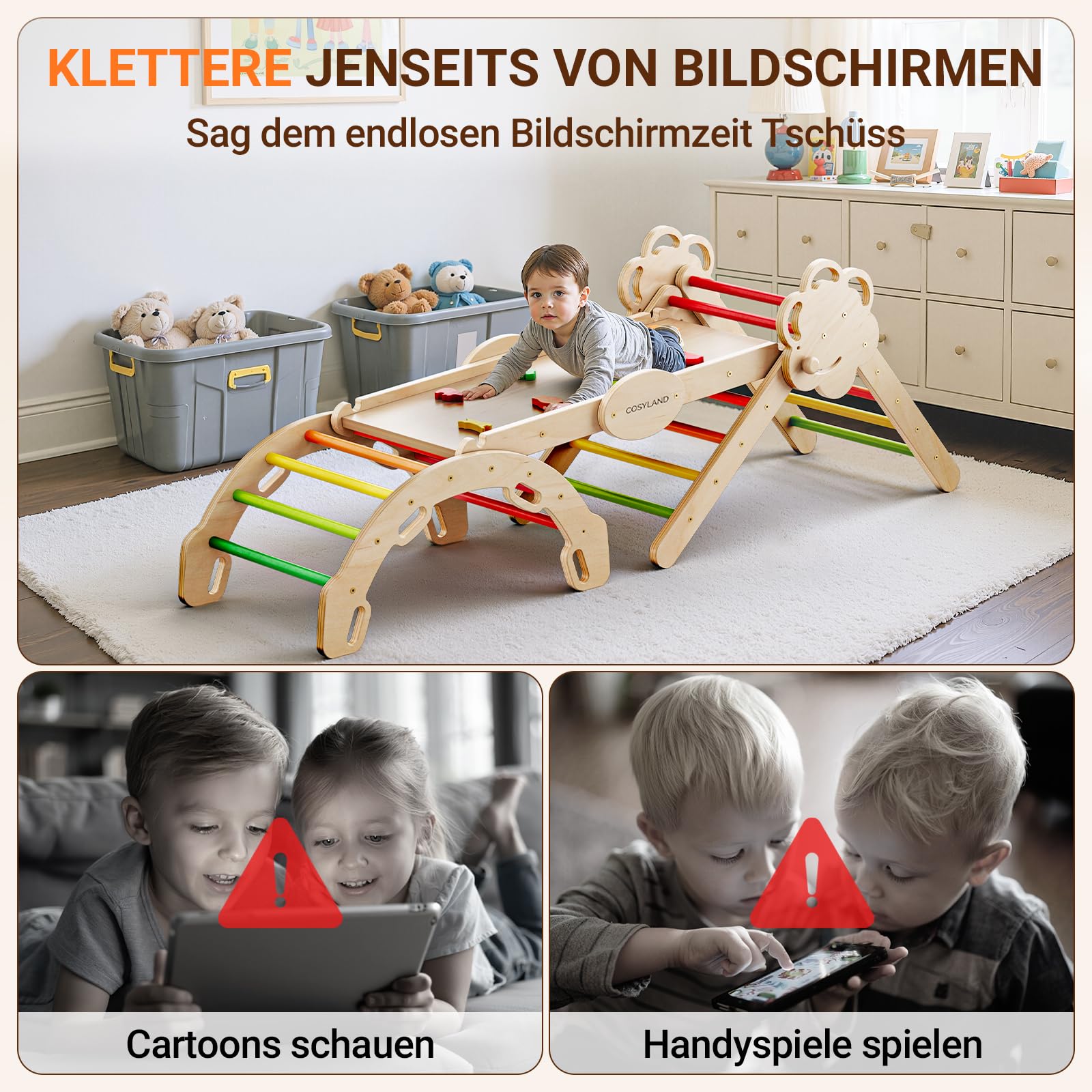 COSYLAND Klettergerüst Indoor L - Montessori Indoor Spielset mit Kletterbogen & Rutsche -8-in-1 Massivholz-Spielplatz - Kletterbogen ab 1 Jahr - Warmfarben