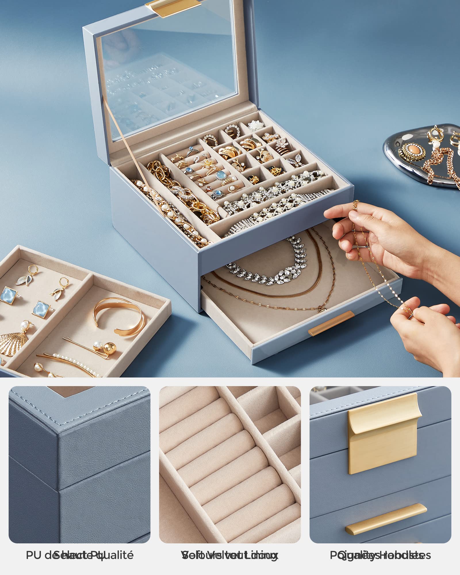 SONGMICS Bou00eete U00e0 Bijoux, U00c9crin U00e0 Accessoires 3 Niveaux, Coffre De Rangement, Couvercle En Verre, 2 Tiroirs, Rangement Pour Bijoux, Vert Foru00eat Et Doru00e9, 20,3 X 23,1 X 13,5 Cm JBC239C01