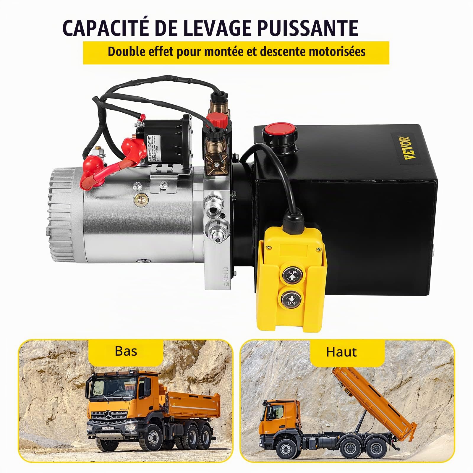 VEVOR Pompe Hydraulique 12 V 4 L, Pompe Hydraulique Remorque Double Effet, Réservoir en Métal Démarrage Rapide Débit d'Huile Rapide Aucune Fuite, Remorque Élévateur à Ciseaux
