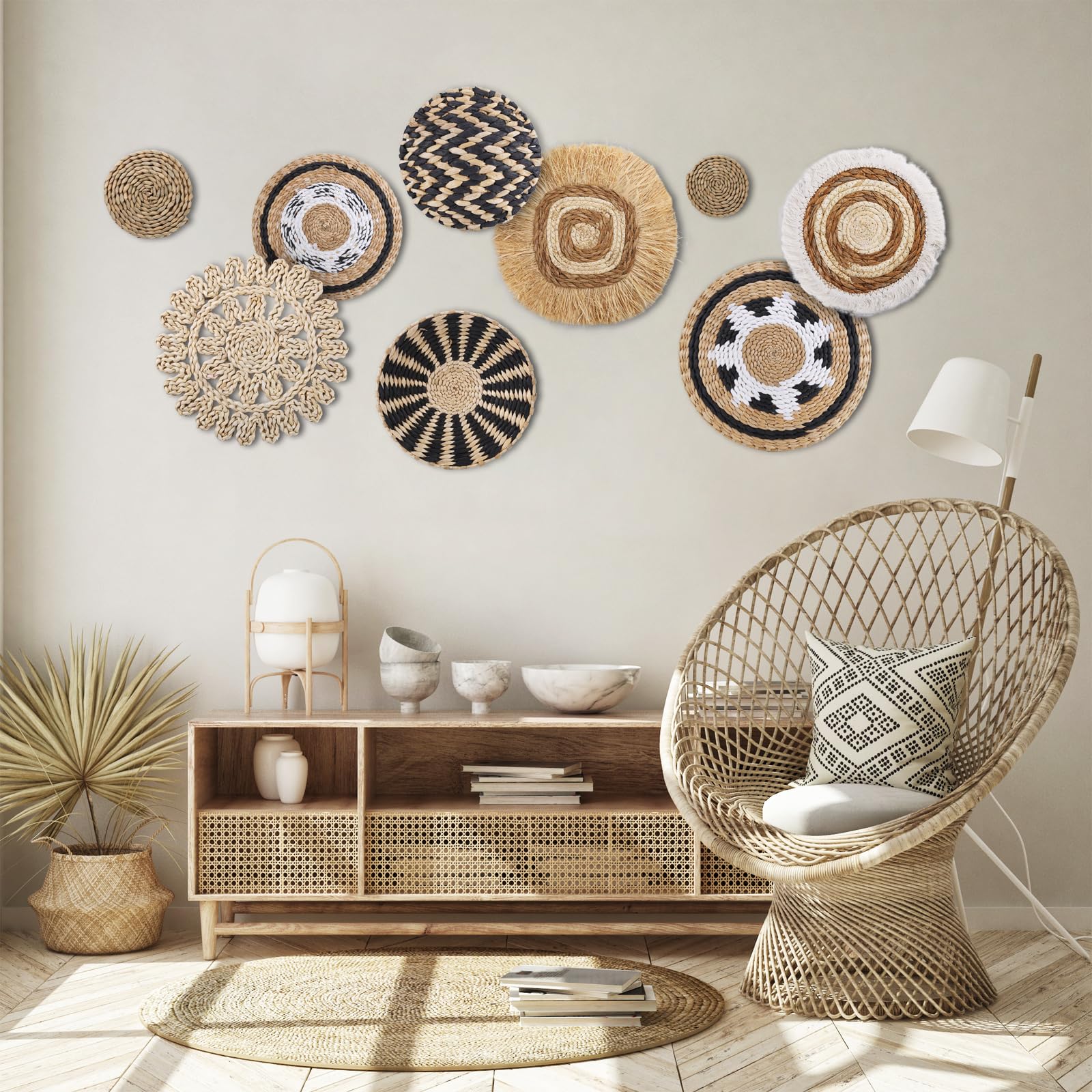 homdat 9 sztuk w stylu boho, tkana dekoracja kosza ściennego, trawa morska, rattan, dekoracja ścienna w stylu boho, przyjazna dla środowiska, okrągła sztuka ścienna do domu wiejskiego, sypialni