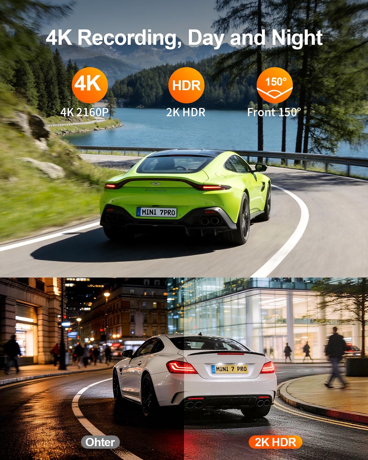 KAWA 4K Mini Dash Cam anteriore, controllo vocale, schermo stealth, fotocamera auto 2K HDR NightEagle Engine, Wi-Fi 6 e GPS integrati, modalità parcheggio in buffer 24/7, supporto 256GB Max