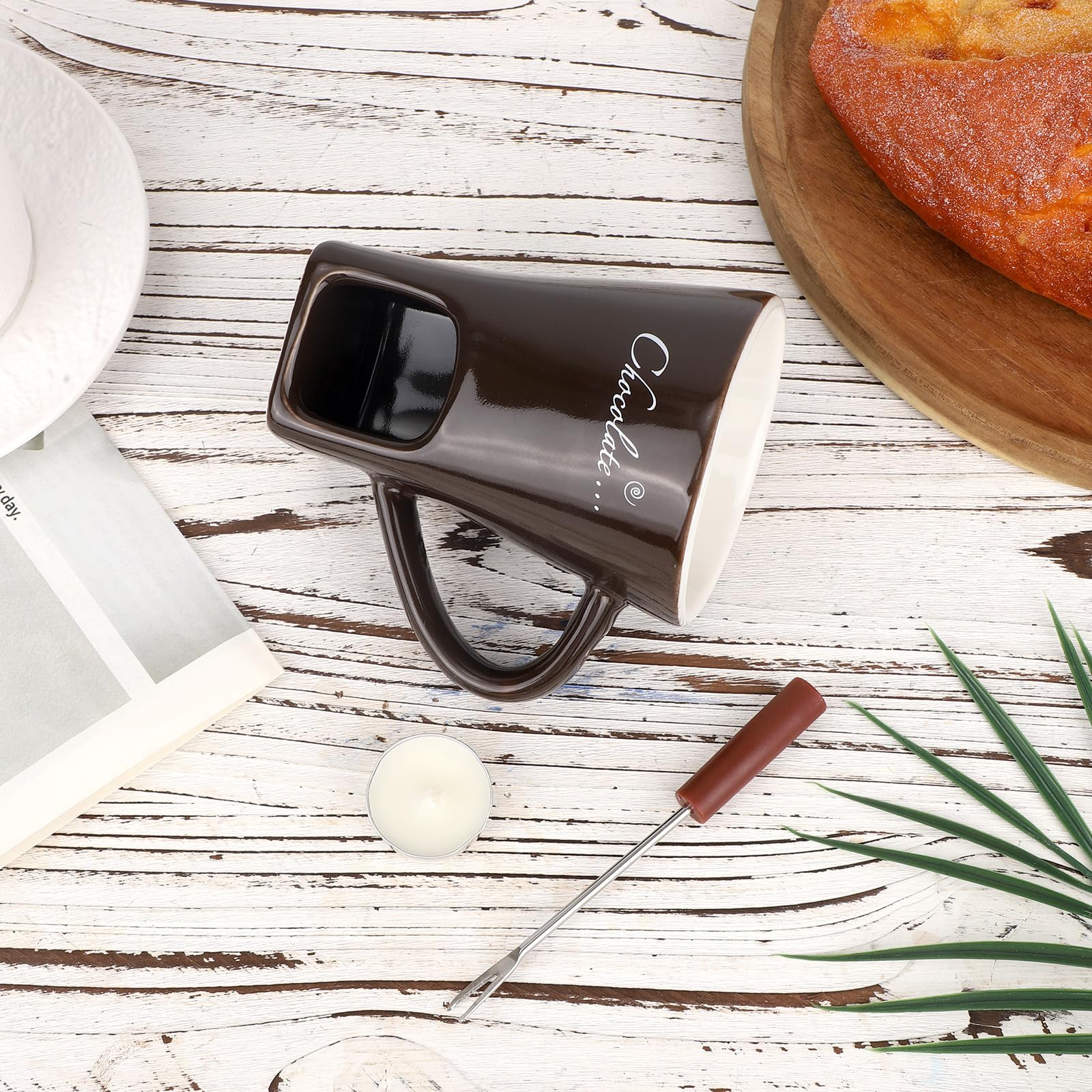 Schokoladen Fonduebecher mit Gabel und Teelichtern, Süßer Schokoladenschmelzbecher Keramik Fonduetopf Set für Schokolade Käse Süßigkeiten Ideale Geschenke Dateabend Hochzeit (Dunkelbraun)