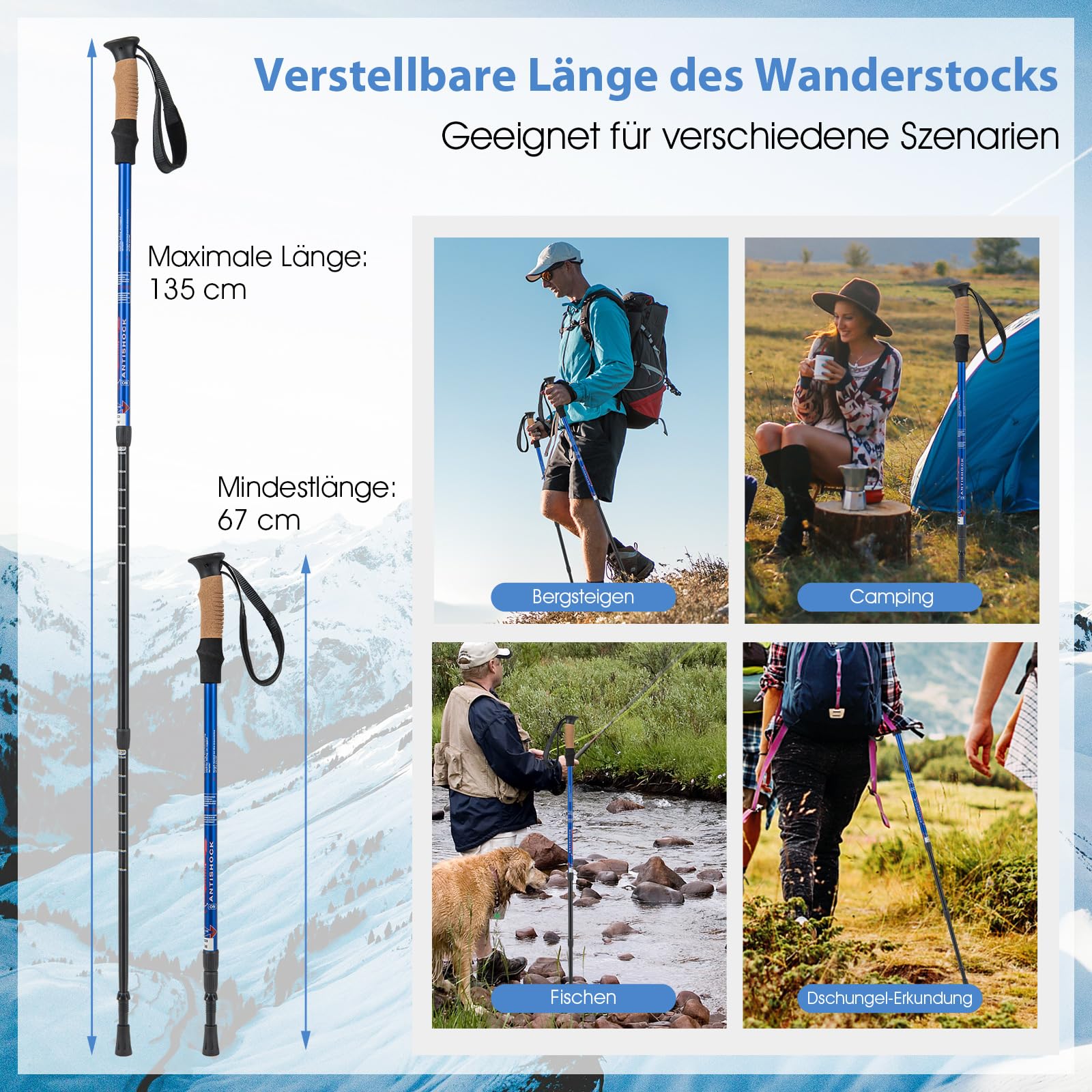COSTWAY Nordic Walking-stokken, wandelstokken met kurkhandvat en EVA-huls, 65-135 cm, telescopisch, licht, trekkingstokken voor dames en heren, voor skiën en wandelen (blauw