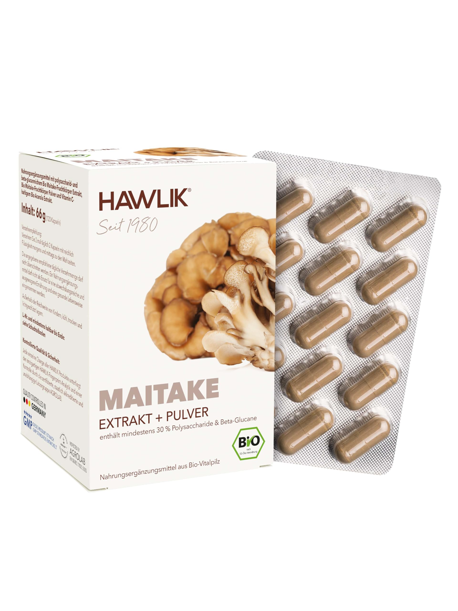 HAWLIK Vitalpilze Bio Maitake Extrakt + Pulver Kapseln - 120 Kapseln im Blister - Mit Vitamin C - Extrakt & Pulver - Natürlicher Anbau - Vegan