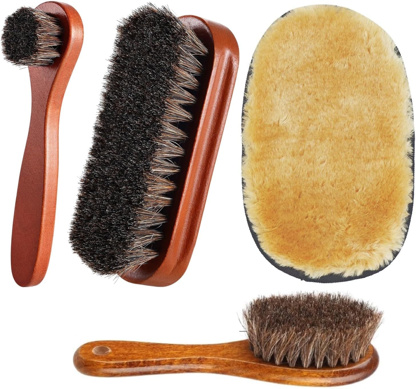 YUETYUET 4PCS Shoe Brush Set - Horsehair Brush for Shoe Shine Polish Buff - 3 Pcs Shoe Polish Dauber Applicator Brushes + 1 Pc Shoes Polish Cloth Glove
