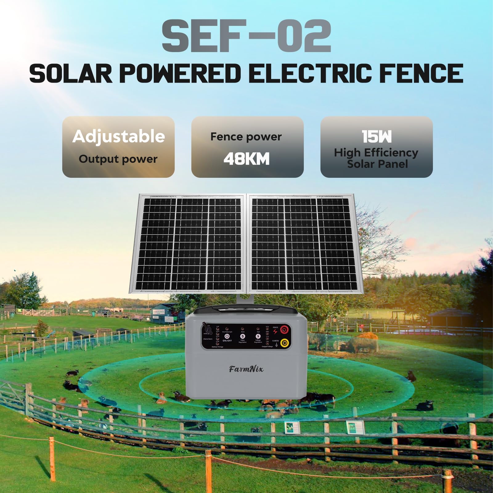 48KM Pastore Elettrico Solare, 0.3-1.5J, 6KV-12KV Recinzione Elettrica Pastore con 15W Pannello Solare e Batteria 7Ah, Per Mucche, Bestiame, Allevamento Di Pollame, Pastore (Grigio)