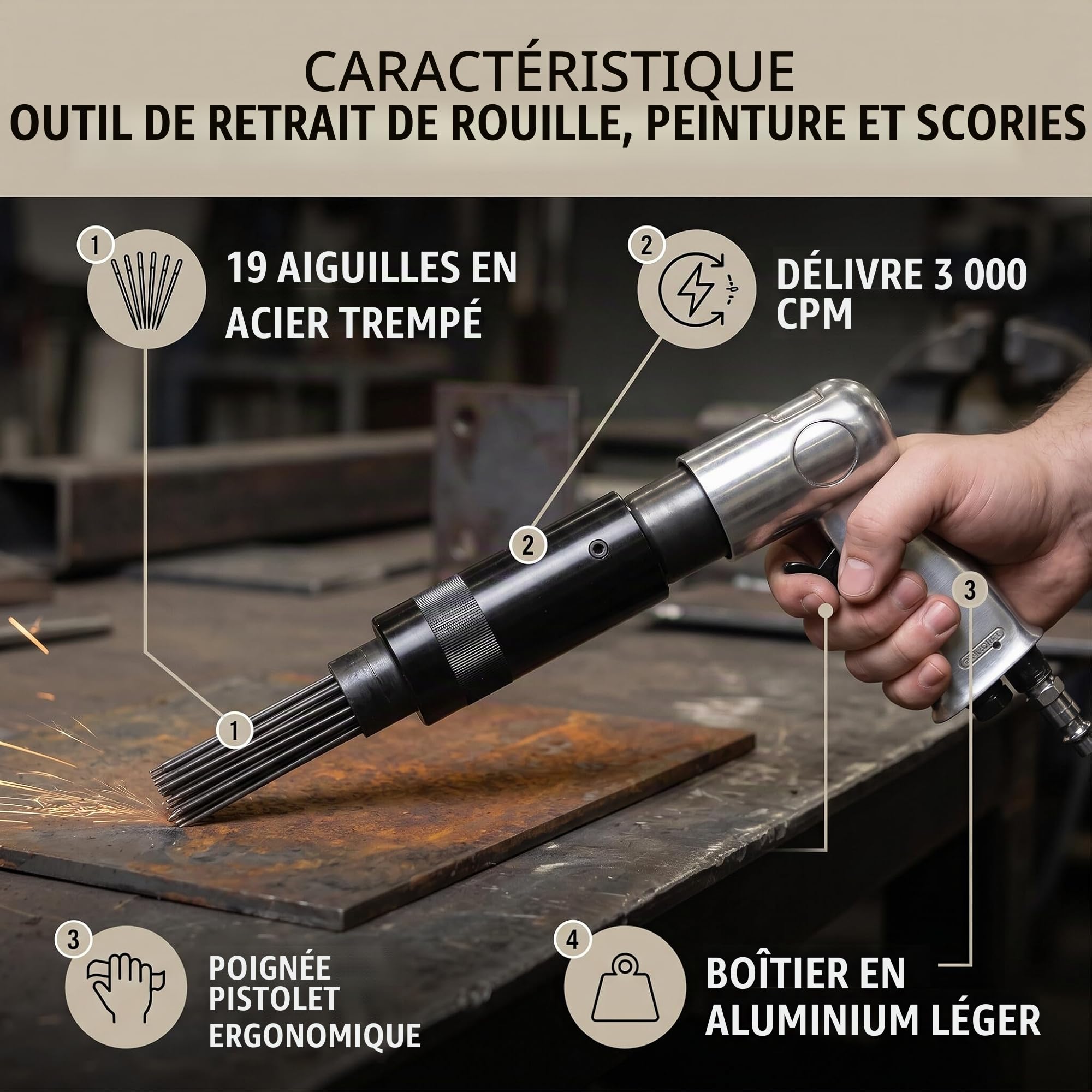 Marteau à Aiguille Pneumatique, Pistolet à Air Comprimé 19 Aiguilles pour Enlever La Rouille, Outil D'ébavurage Pneumatique pour Atelier De Bricolage, Soudure, Spécialiste Automobile