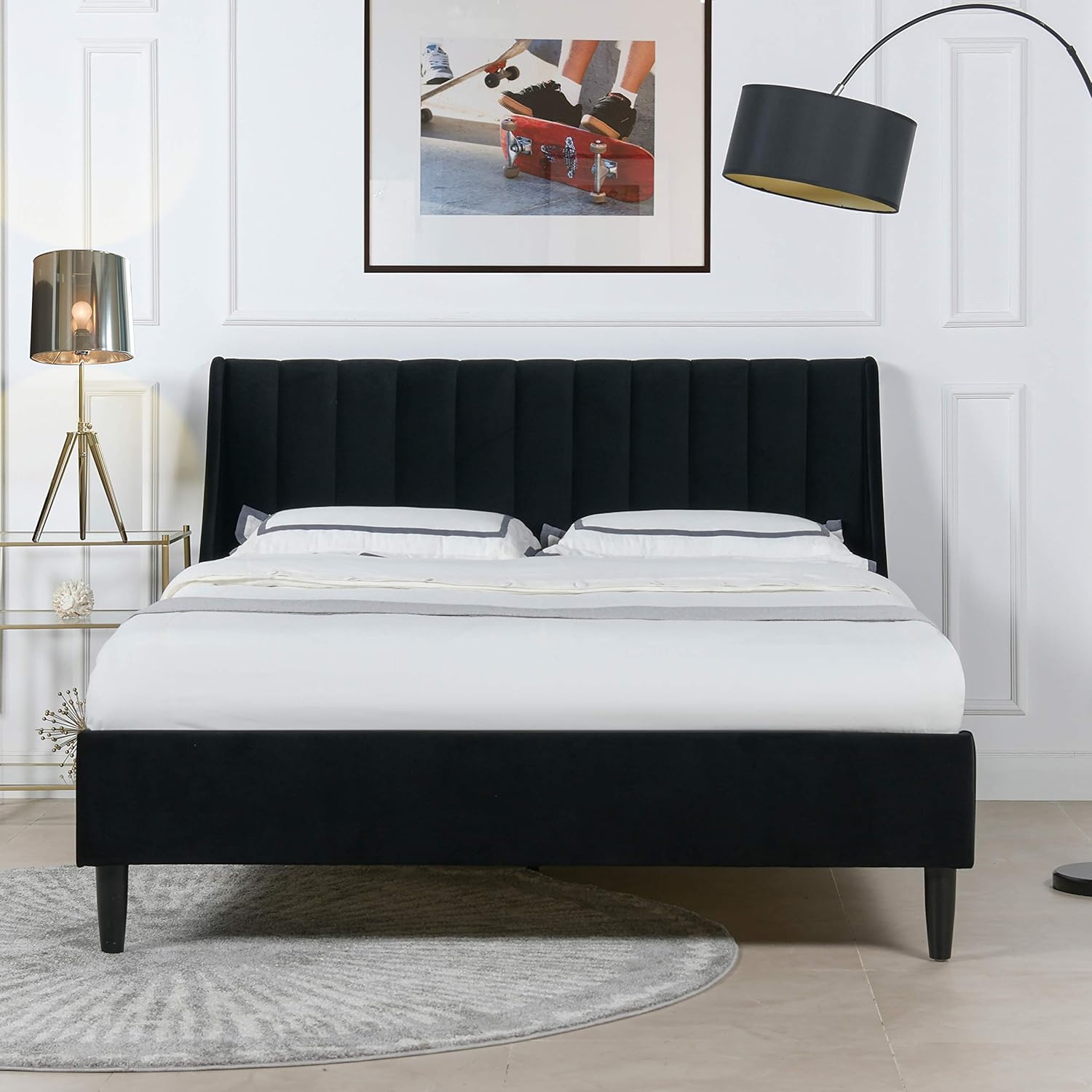 Sandy Wilson Home Marlowe Vertical Tufted Headboard Platform Bed Set Queen Anthracite Black Velvet