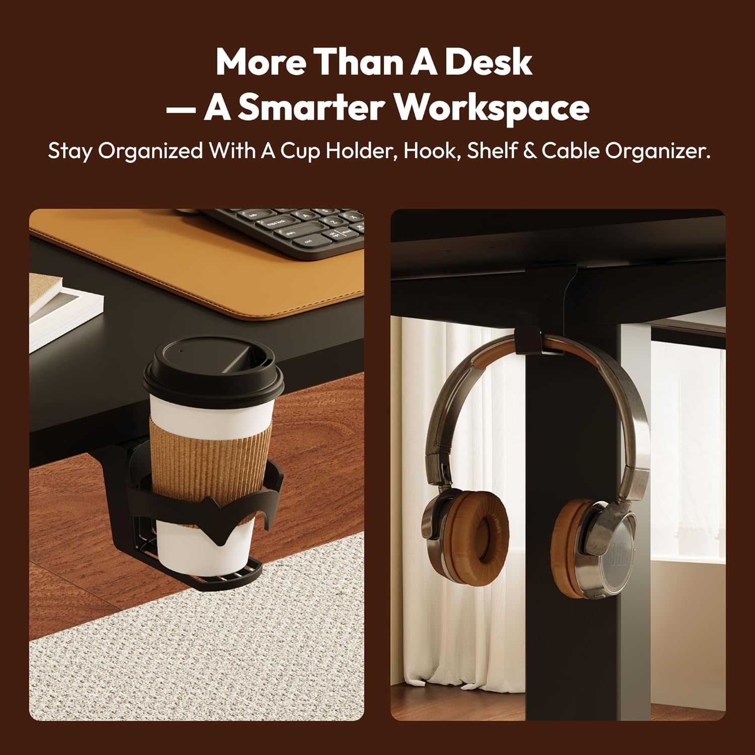 Close-up of the SANODESK QS1 desk showing an integrated cup holder and a hook for headphones.