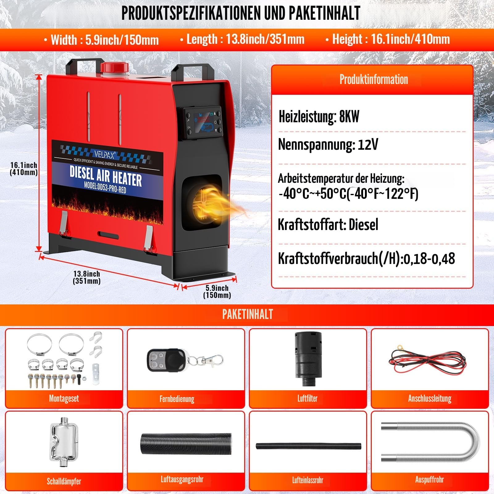 VELPAX Air Diesel Heater Auxiliary Heater, 8 kW 12 V Diesel Air Heater, All in One, LCD Switch Display 12 V, Portable Diesel Heater for Trucks, Quick Heating Buses, etc., RV Boats