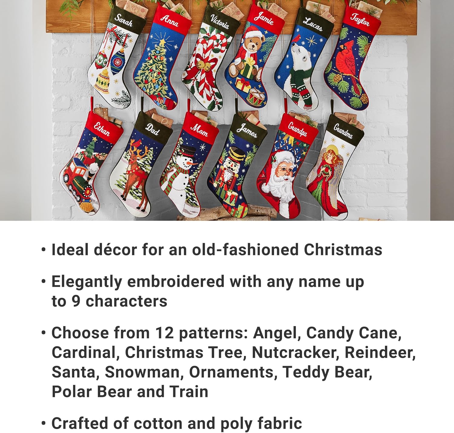 Let's Make Memories Personalized Needlepoint Christmas Stocking - Embroidered Family Stockings - Old-Fashioned Christmas Décor - Mantel Décor - 8"x17" - Customized Embroidered Name - Teddy Bear
