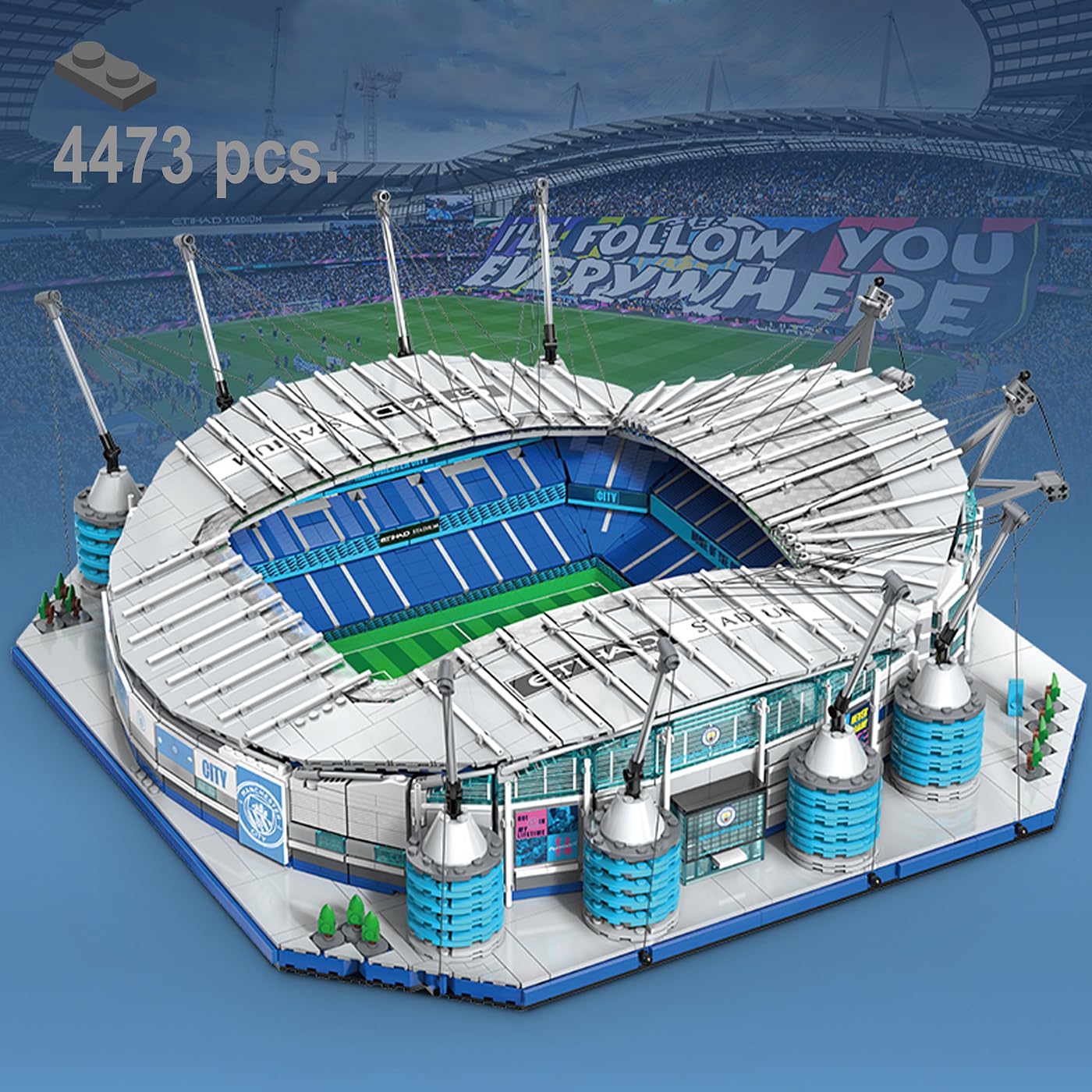 JAMARA 402904 CADA Etihad Stadion Manchester City FC Bricks, od 14 lat, zestaw klocków zaciskowych, model duży, zestaw klocków, wierne wzornictwo, światło LED, moduły prezentowane pojedynczo