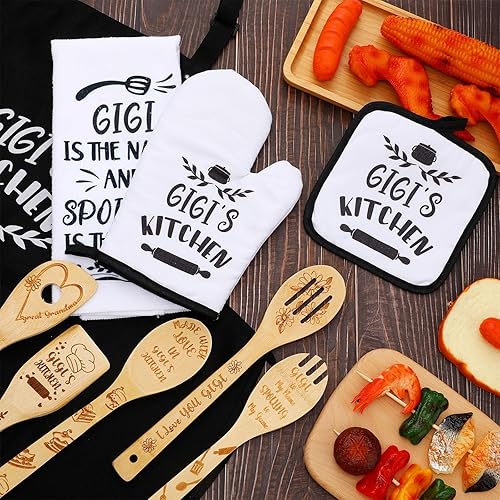 Miniatura 7 de Juego de 10 piezas de regalo de cocina Mimi que incluye delantal de cocina de algodón, manoplas de horno, soporte para ollas de bambú, espátula de