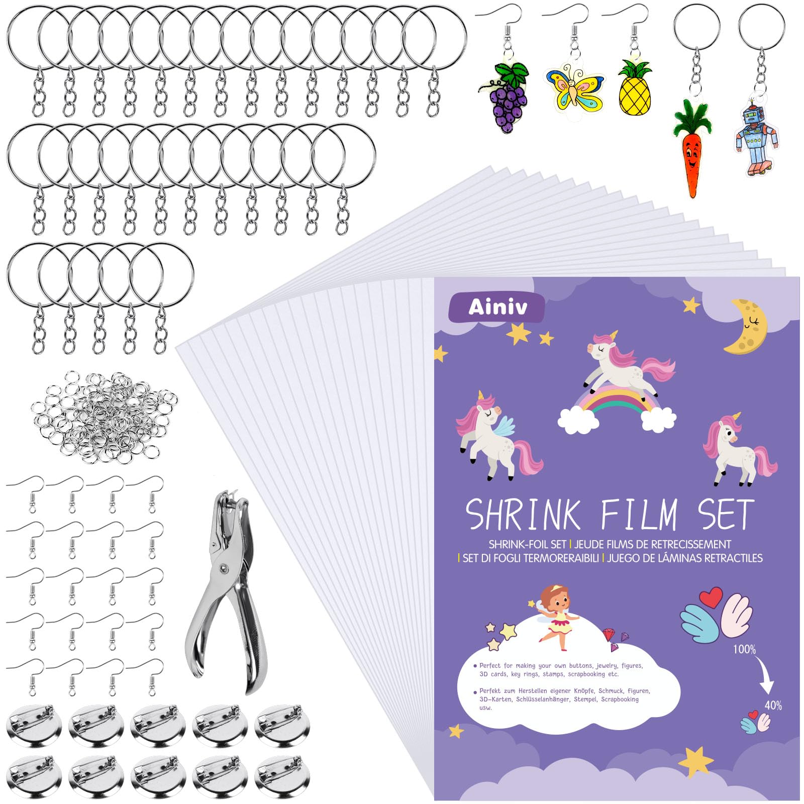 Ainiv 181 PCS Heat Shrink Plastic Sheets Pack, Shrinky Art Crafts Set Include 20 PCS Blank Shrinky Art Film Paper with 161 PCS Keychains Accessories, DIY Hand Made Ornaments Creative Craft for Kids