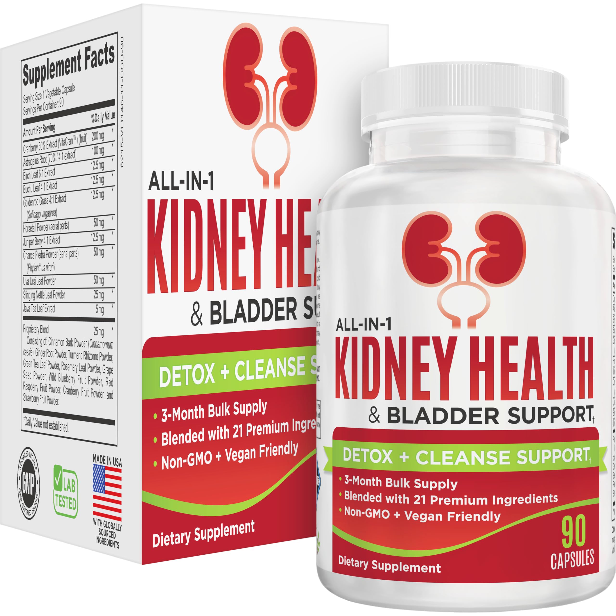 3-Month Kidney & Bladder Support Supplements | Men & Women | Total Urinary Tract Health Supplement Complex | 90 Capsules