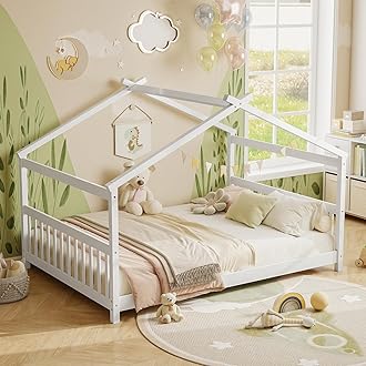 KOMFOTT Full Floor House Bed with Headboard & Footboard, Wood Floor Bed Frame with Roof for Boys & Girls, No Box Spring Needed, Wooden Montessori Bed Full Size (White)