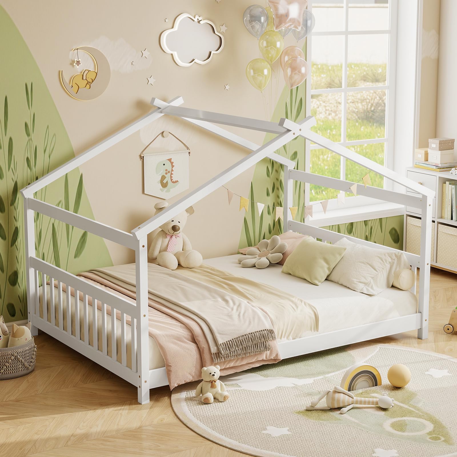 KOMFOTT Full Floor House Bed with Headboard & Footboard, Wood Floor Bed Frame with Roof for Boys & Girls, No Box Spring Needed, Wooden Montessori Bed Full Size (White)