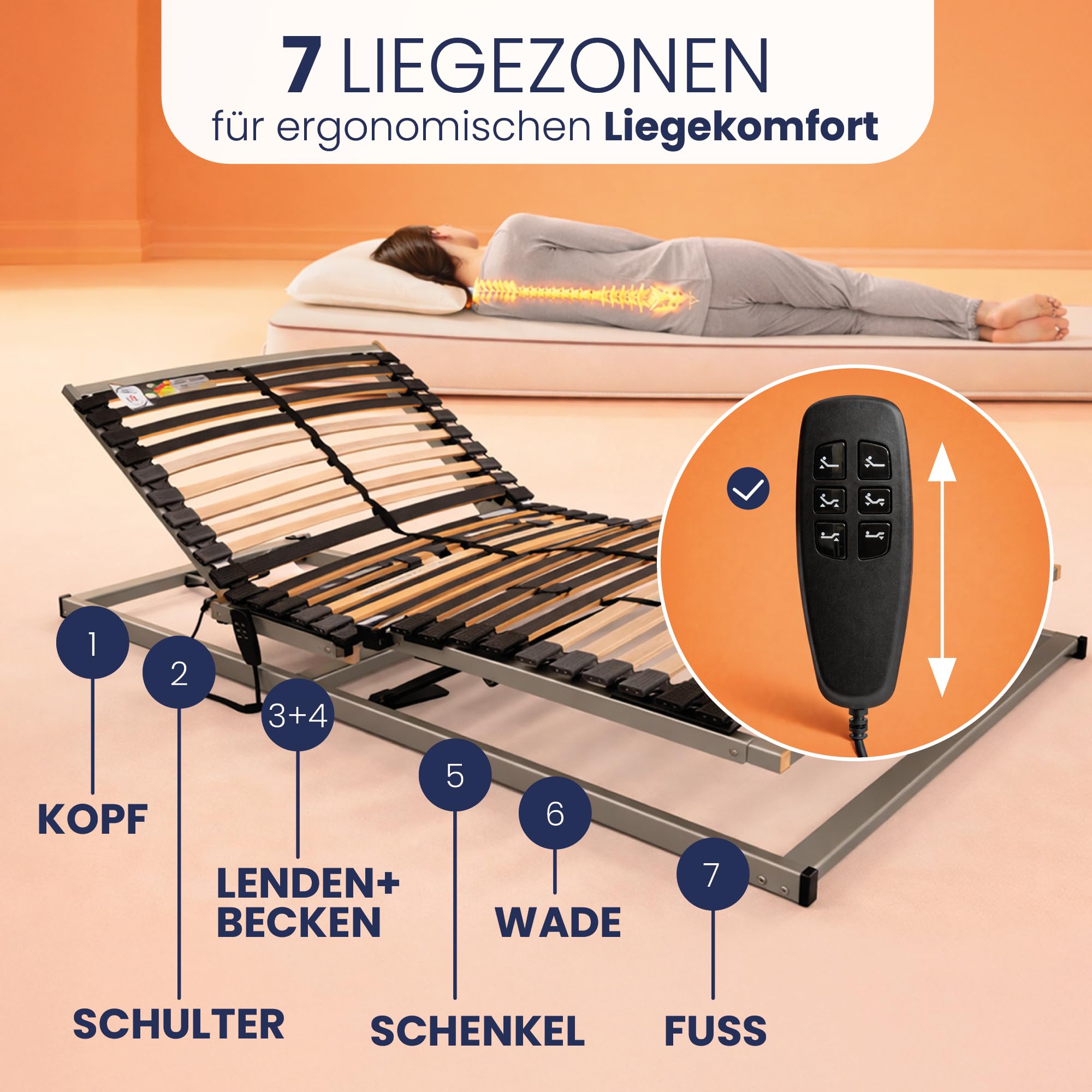BeCo Luxus E-Move elektrischer Lattenrost 120x200 cm - Kopf- & Fußteil elektrisch verstellbar - 7-Zonen - 28 Federholzleisten - montiert - TÜV geprüft - Made in Germany