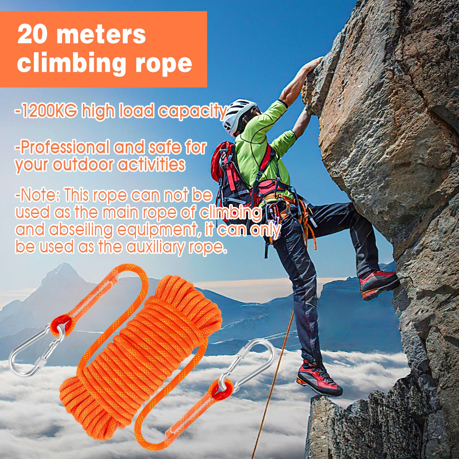 10mm*20M Kletterseil, Outdoor Sicherheitsseil, Nylon Seil Statisches Kletterseil mit 2 Karabinern Rettungsseil Feuerrettungs-Fallschirm-Seil für Arbeiten in der Höhe/Feuerleiter/Abseilen/Sport