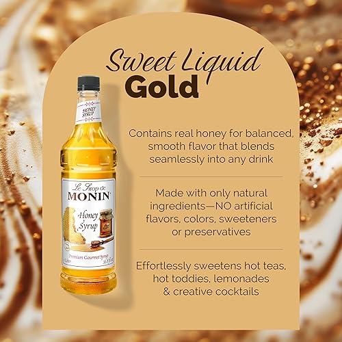Miniatura 3 de Monin - Jarabe de miel, sabor suave a miel dulce, ideal para tés, limonadas, cócteles y café, sin gluten, sin OMG (1 litro)