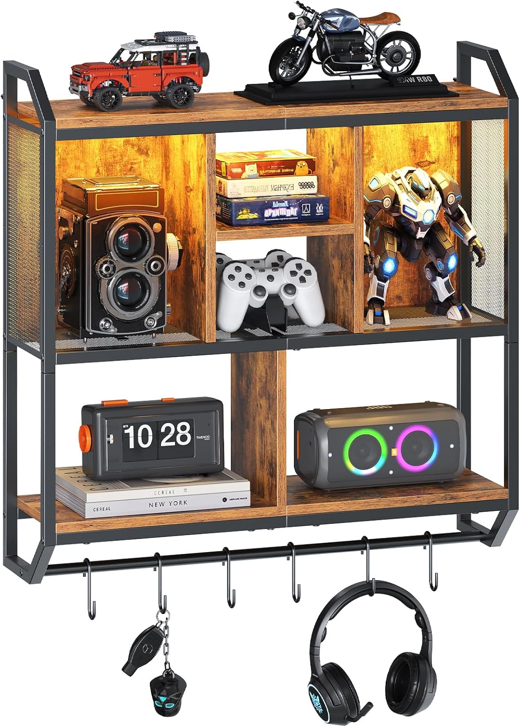 HOOBRO Gaming Floating Shelves with LED Lights, 28.7" LED Wall Mounted Shelf, 3-Tier Display Rack for Wall Storage, Floating Rack with Hanging Rod and 6 S-Hooks, Rustic Brown and Black BF70DBJ01