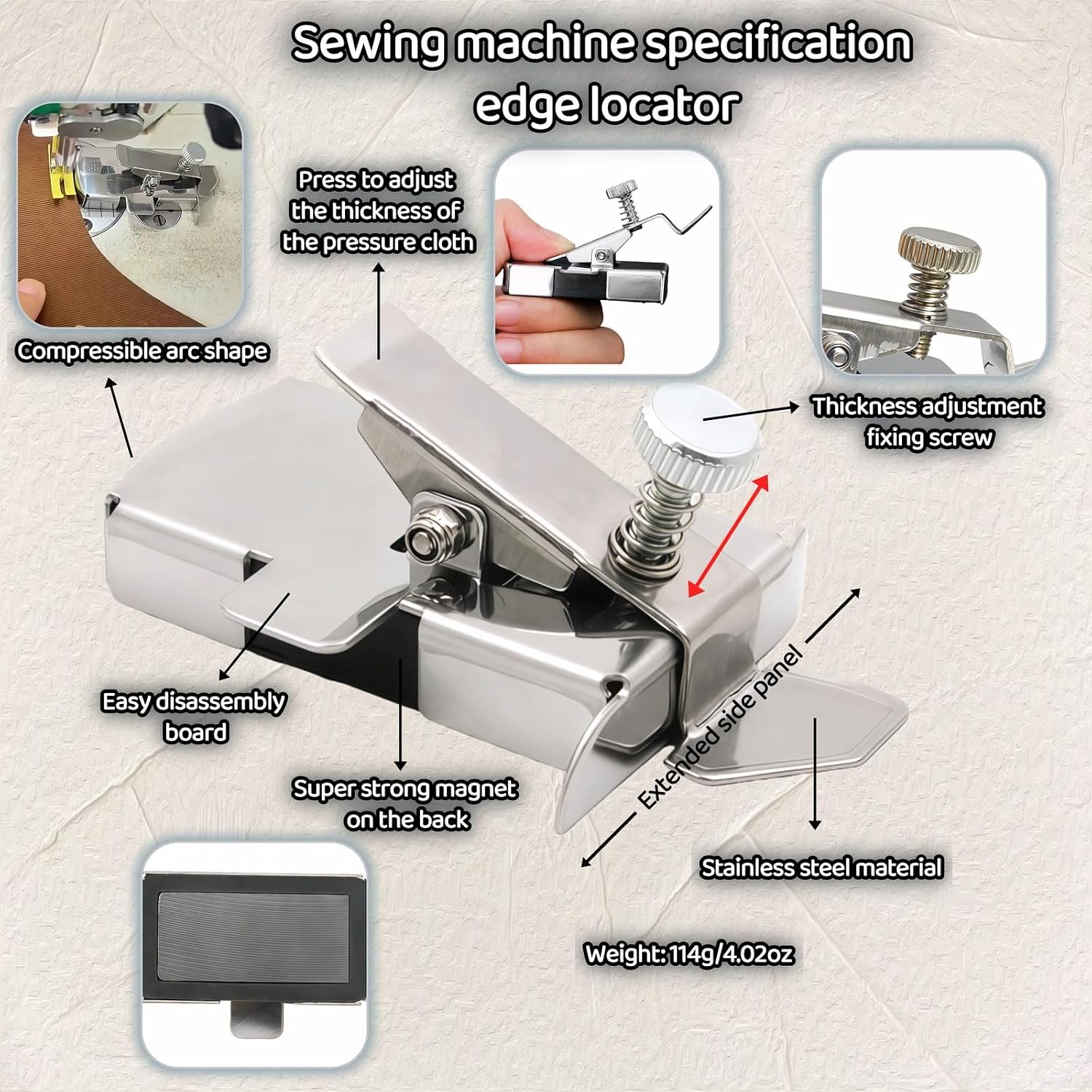 Magnetic Seam Guide for Sewing Machine with Clip, Stainless Steel Hem Guide Rail, Multi-Function Ruler Edge Locator, Universal Sewing Accessory Ruler for Precise Stitching on All Sewing Machines