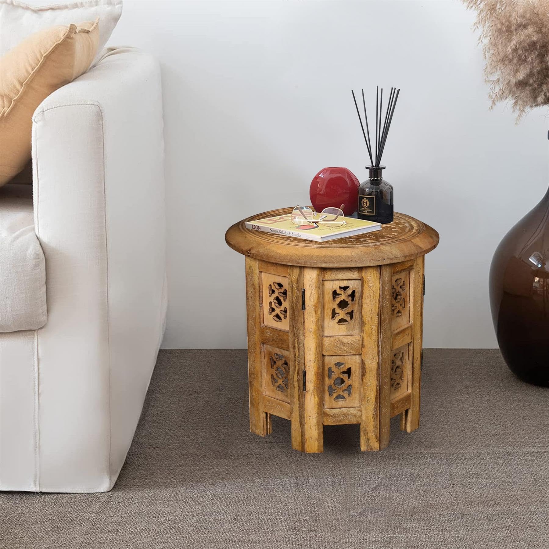 topfurnishing Beautiful Round Hand Carved Indian Shesham Wooden Coffee Table Side [Natural (Pine),Small 12"x12"x12"]