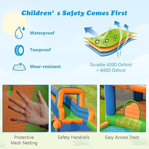 Vista 22 de BOUNTECH Castillo inflable para tobogán acuático, castillo de salto de parque acuático 6 en 1 para niños con 2 piscinas de salpicaduras, anillo