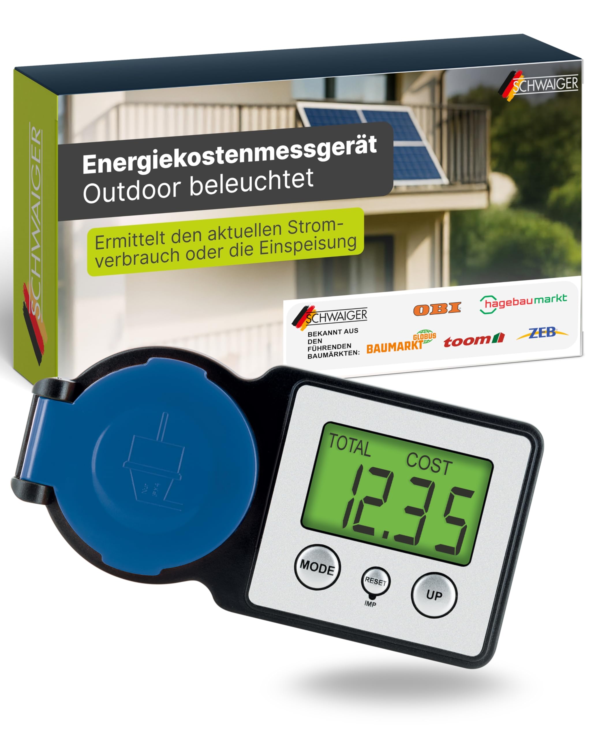 Schwaiger Energiekostenmessgerät Outdoor IP44 – Steckdosen-Einspeisemessgerät