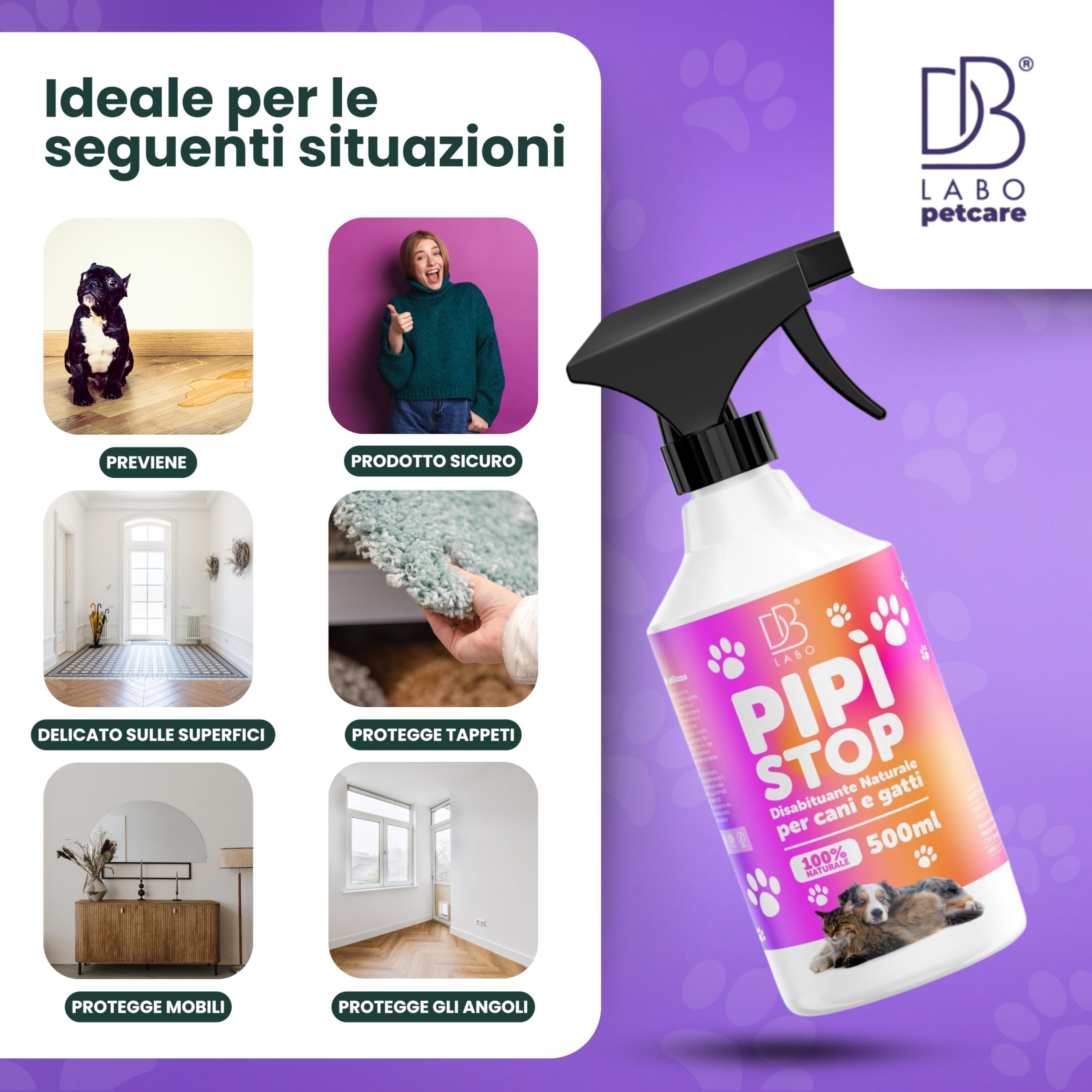 Spray Disabituante per Cani e Gatti 500ml, Repellente per Gatti, Anti Pipi, Dissuasori per Cani, Allontana Animali da Divano, Giardino e Pavimenti, Urine off Gatti, Uso Interno ed Esterno