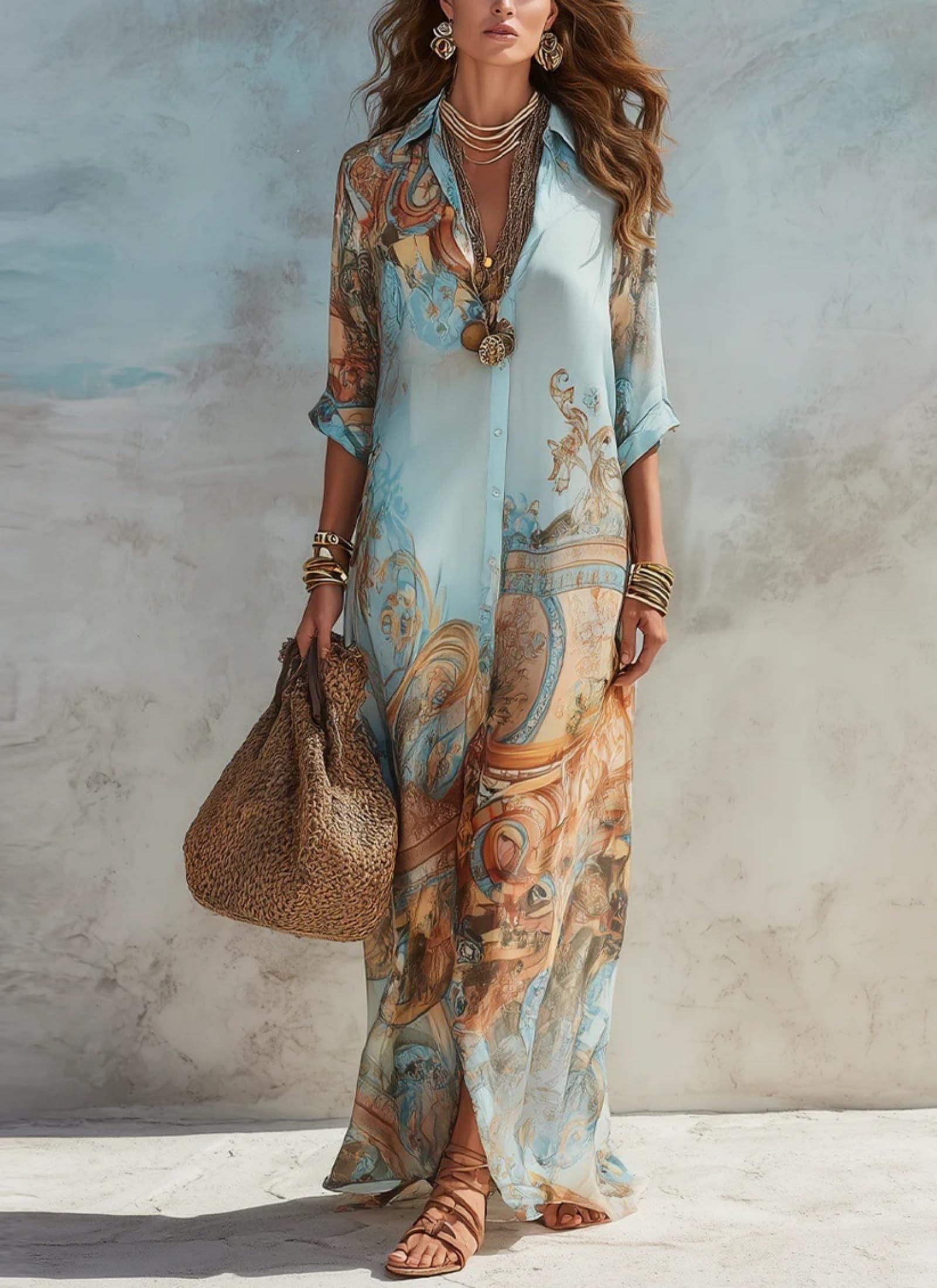 Generico Abito Lungo da Donna Stile Boho con Scollo a V e Maniche Lunghe, Stampa Floreale, vestibilità Ampia, Casual, Vintage, Western, per Vacanze e Spiaggia 2026
