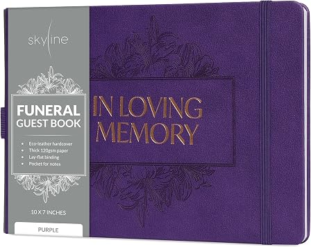Skyline Funeral Guest Book, Memorial Service Sign-In, Purple