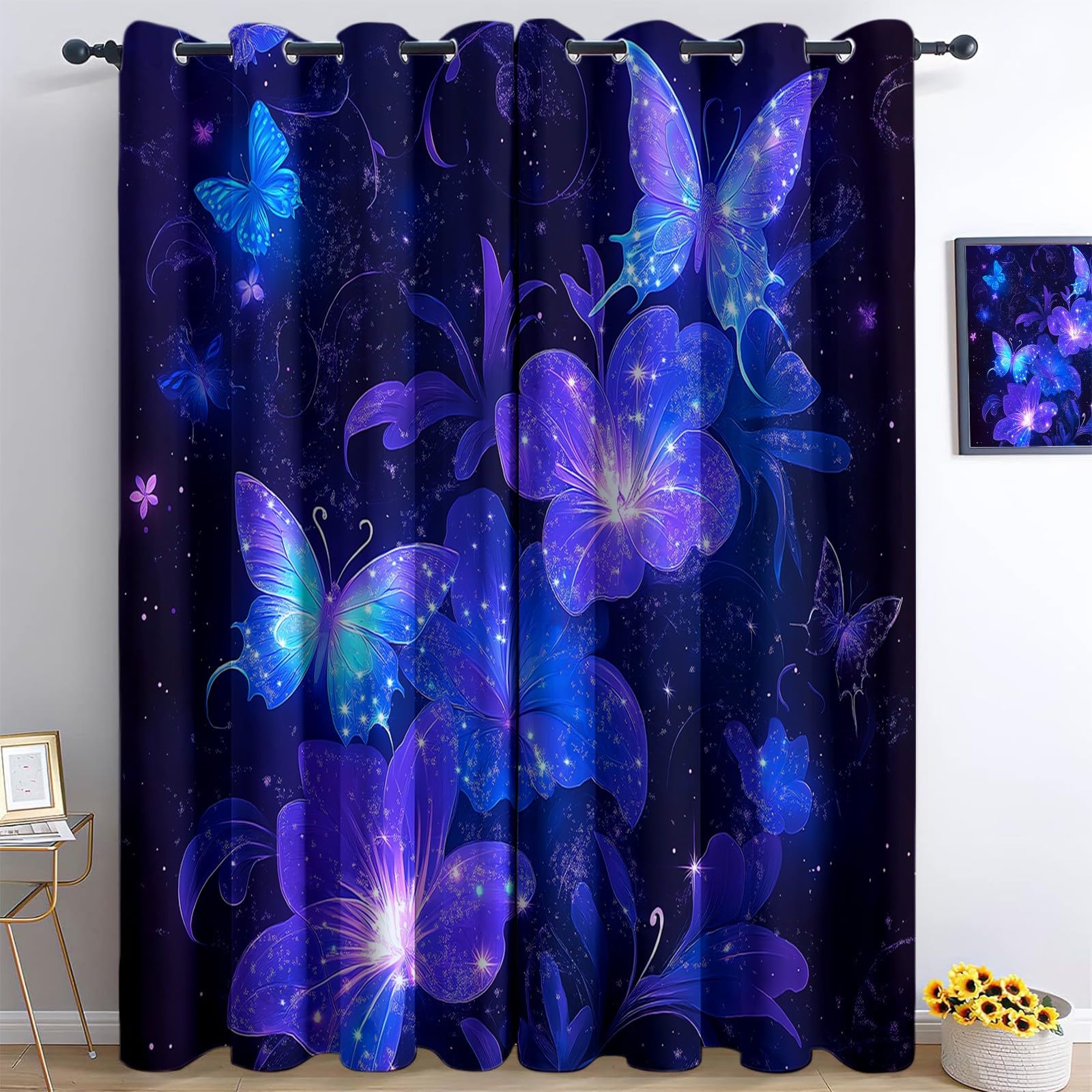 Rideaux occultants papillon bleu violet L140 x H160 cm pour chambre