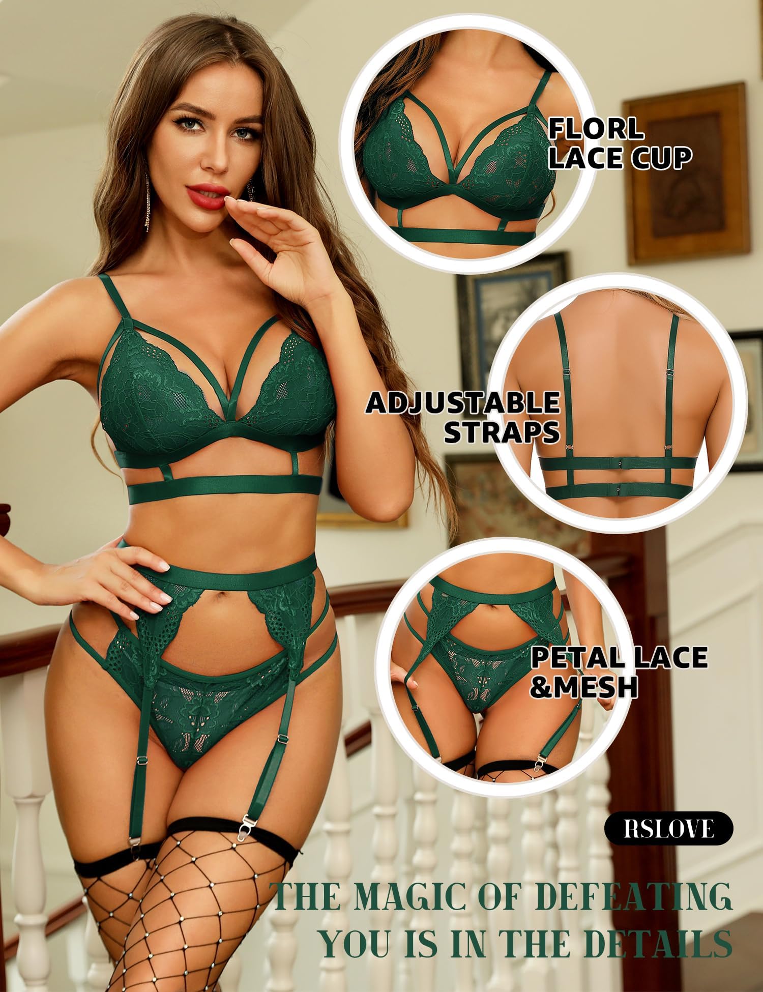 ZXLIHS Conjunto de lencería Sexy para Mujer con Sujetador y Bragas de Encaje Floral, 3 Piezas con Liguero