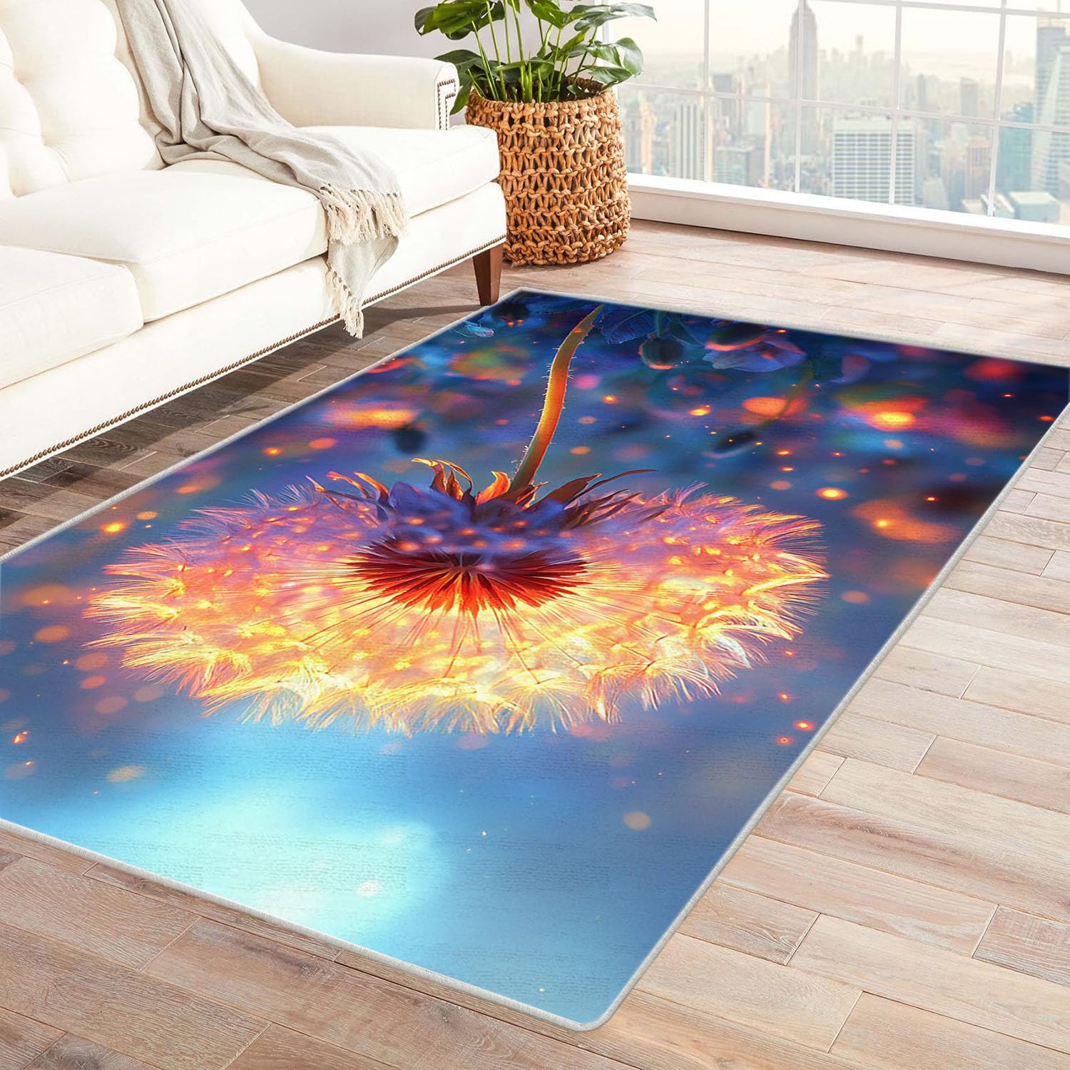 Carpette cuisine et salle à manger dorée à motif pissenlit 3D
