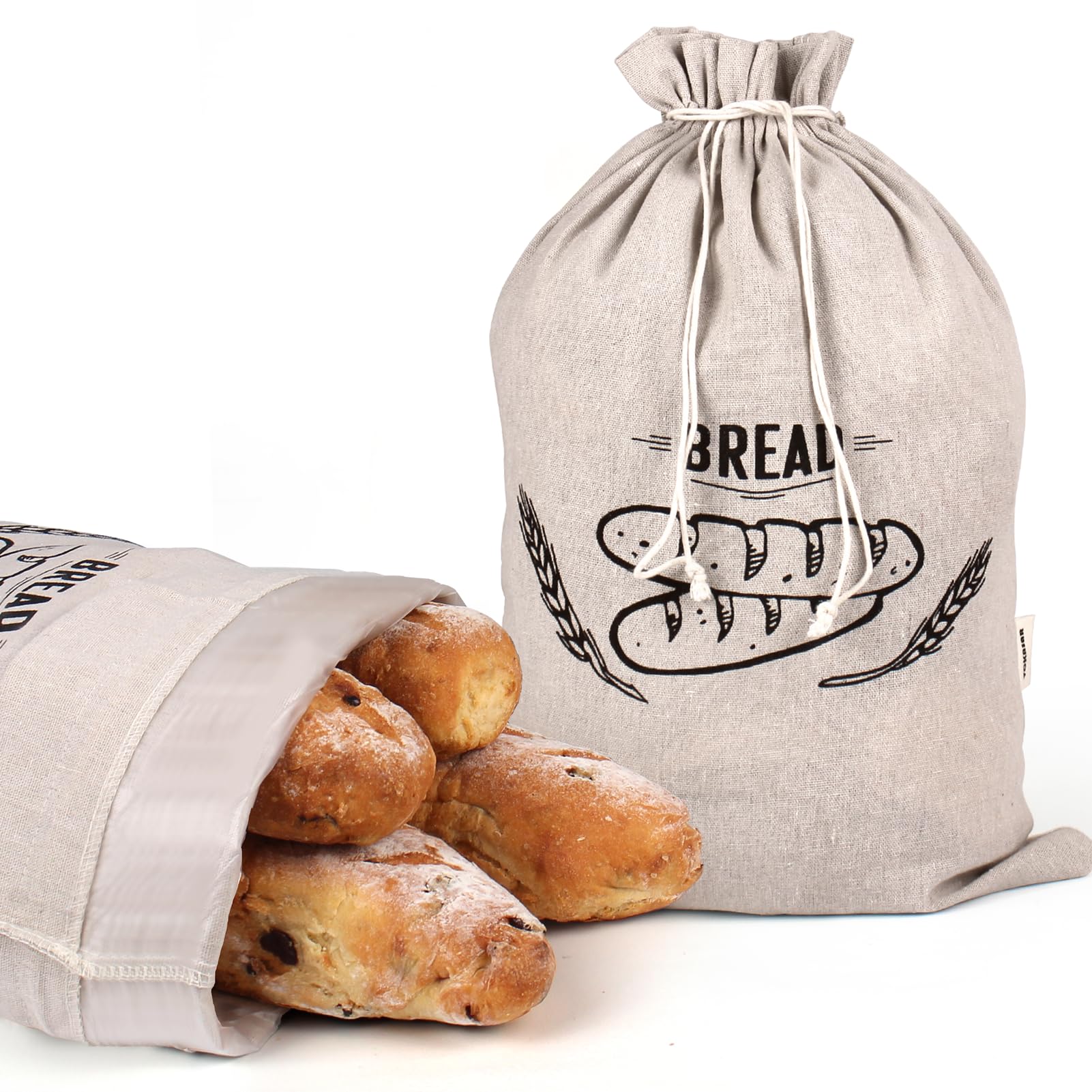 2 Pack Linen Bread Bag for Homemade Bread Container - Plastic Lined, 19.7 x 13.7 Inch Unbleached & Reusable Bread Storage for Bakery Baguette Picnic Wedding Wrapping Camping