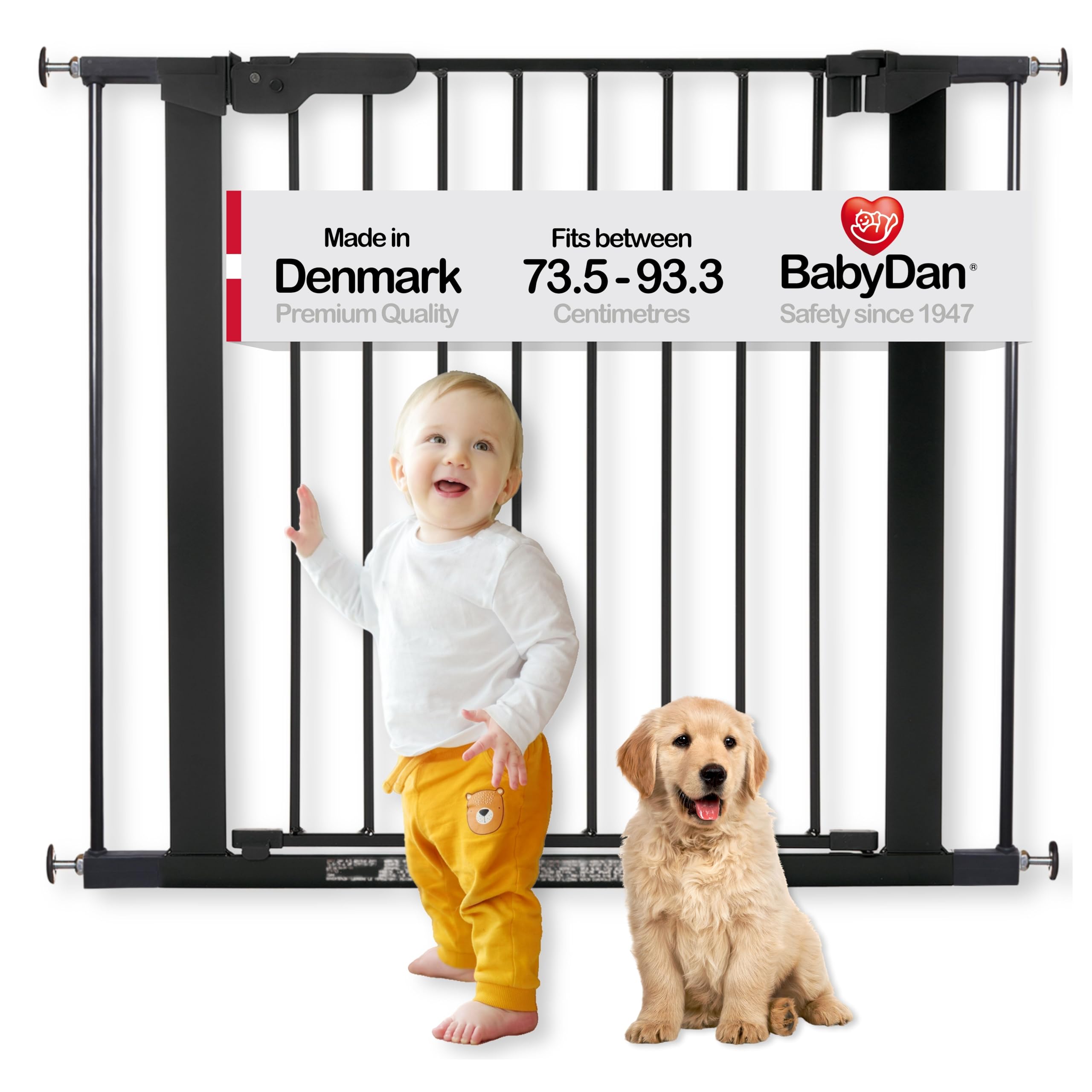 BabyDan Premier, Pressure Fit Stair Gate, Covers openings between 73.5-93.3 cm/28.9-36.7 inches, Baby Gate/Safety Gate, Metal, Black, Made in Denmark - (Pet Gate/Dog gate)