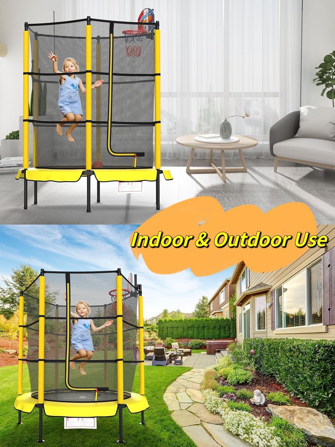 PILIN Trampoline pour Enfants avec Panier, Ø145cm Trampoline Extérieur pour Enfants avec Ressorts, Filet De Sécurité Surélevé - Cadeaux d'anniversaire pour Garçons Et Filles, Cadeaux De Noël